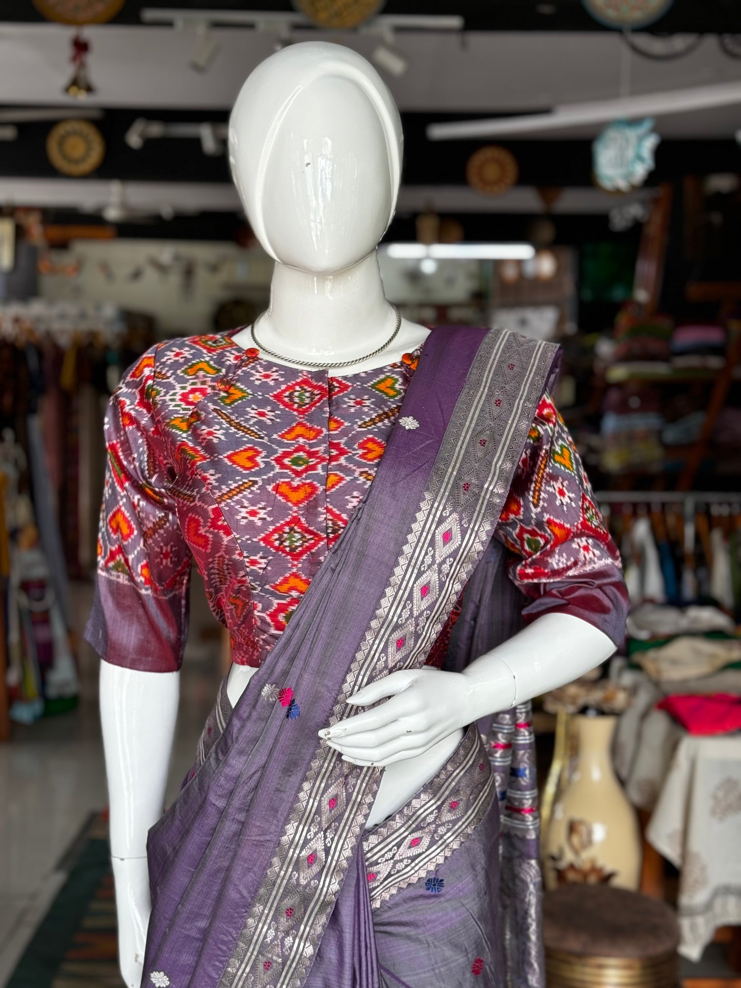 Lavender silk Ikat handloom elbow sleeves blouse with front buttons and back detailing