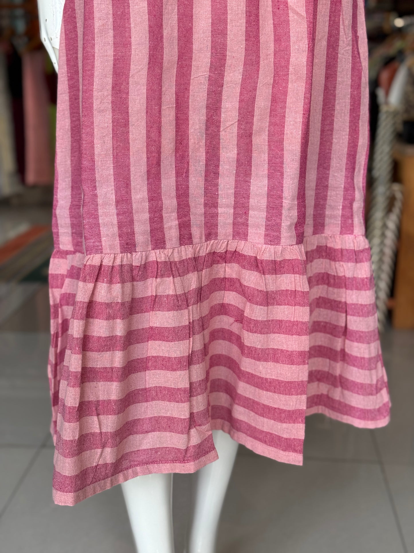 Pink stripes kala cotton, handwoven dress with gathered hem