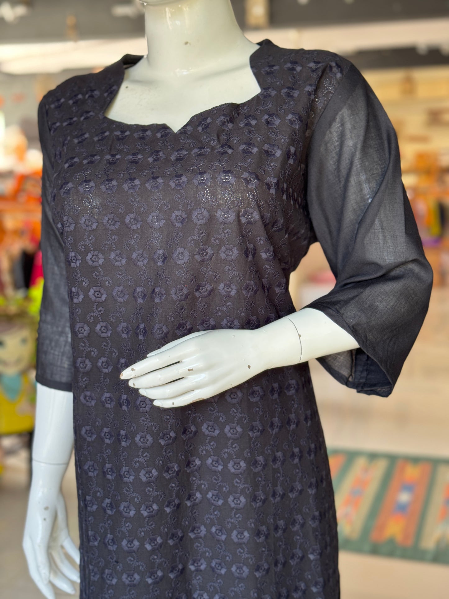 Black machine work cotton kurti straight cotton kurti with plain back