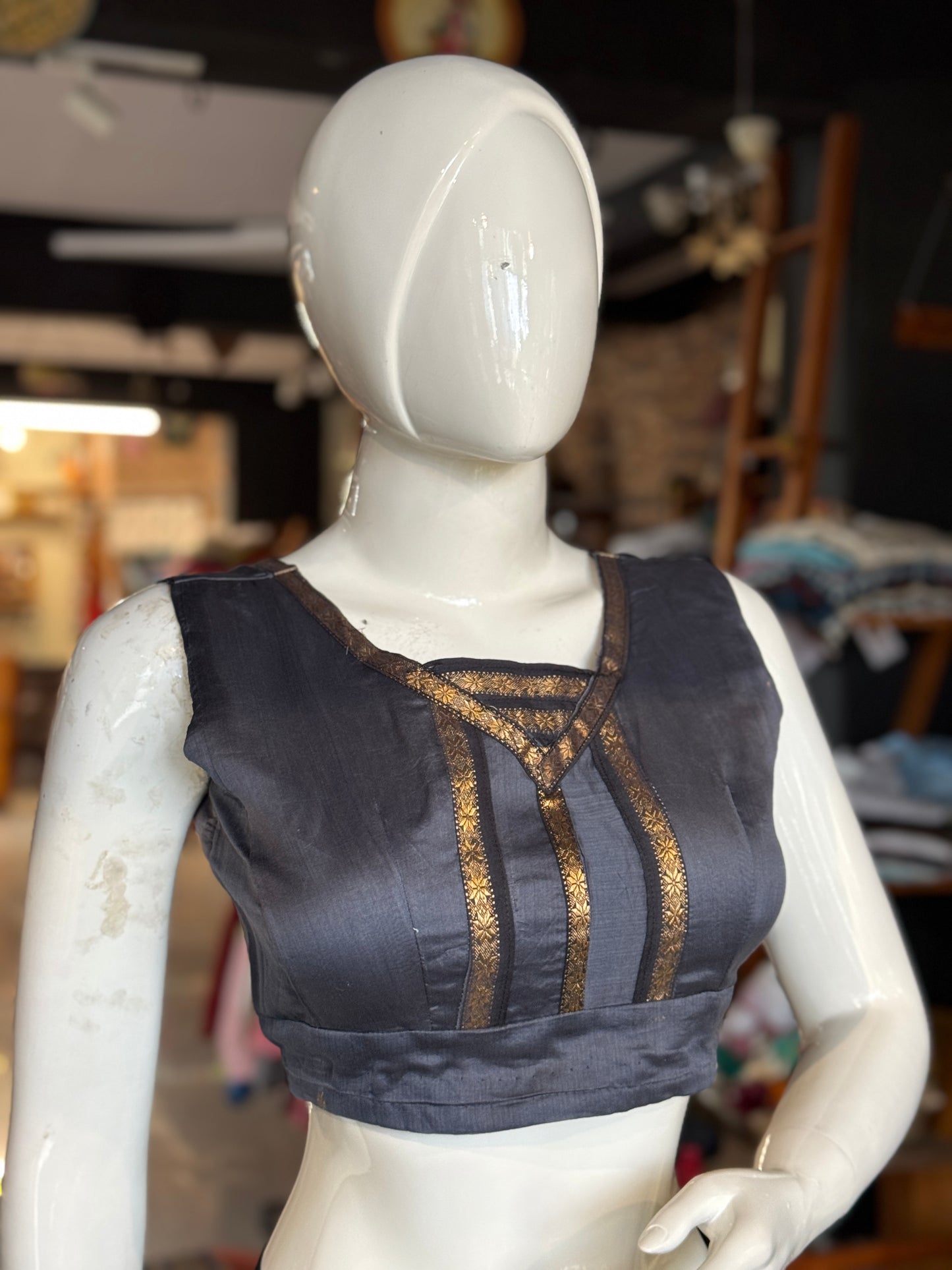 Grey Maheshwari handloom silk cotton sleeveless blouse with stars zari lace border