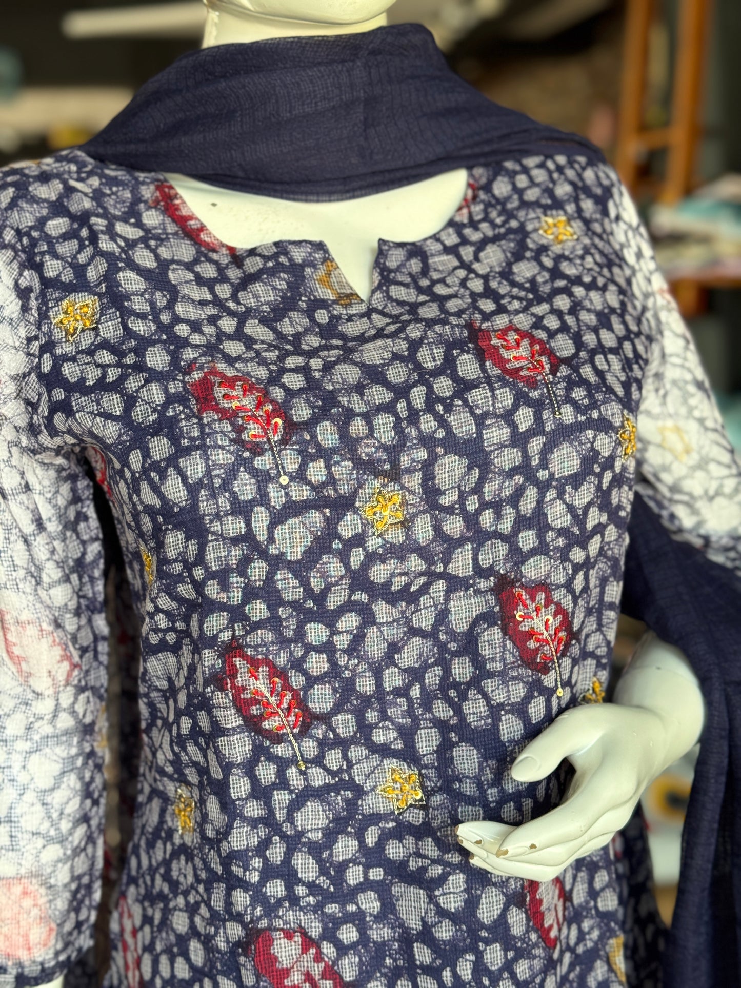 Blue batik hand block printed kota cotton straight kurti, pants and dupatta set - with hand embroidery