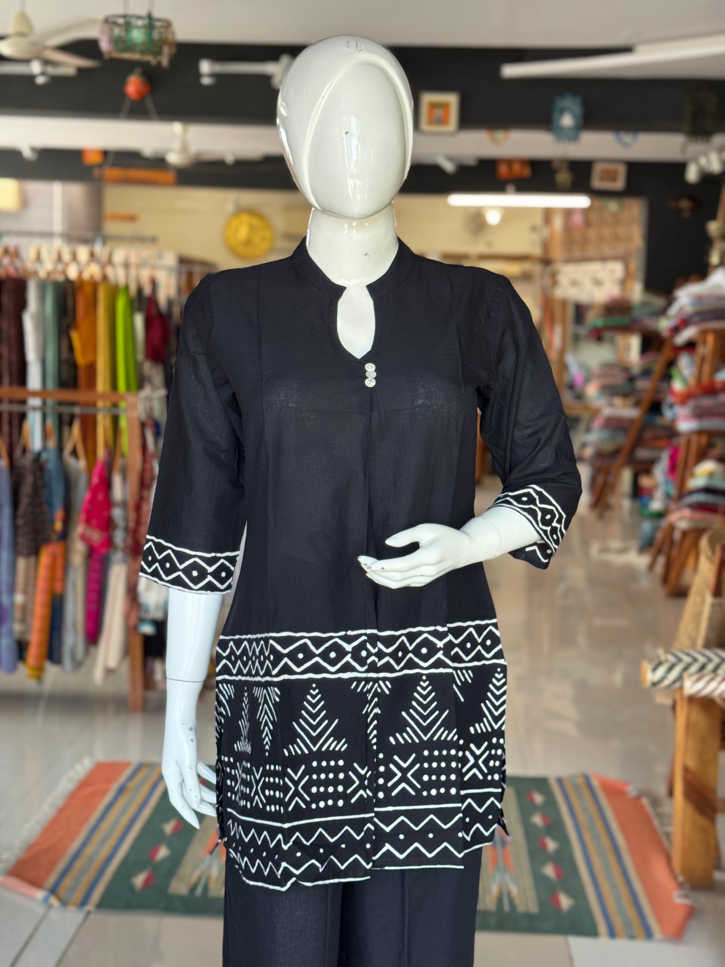Black with geometric print band collared cotton mid length top with long sleeves and pants - coord set