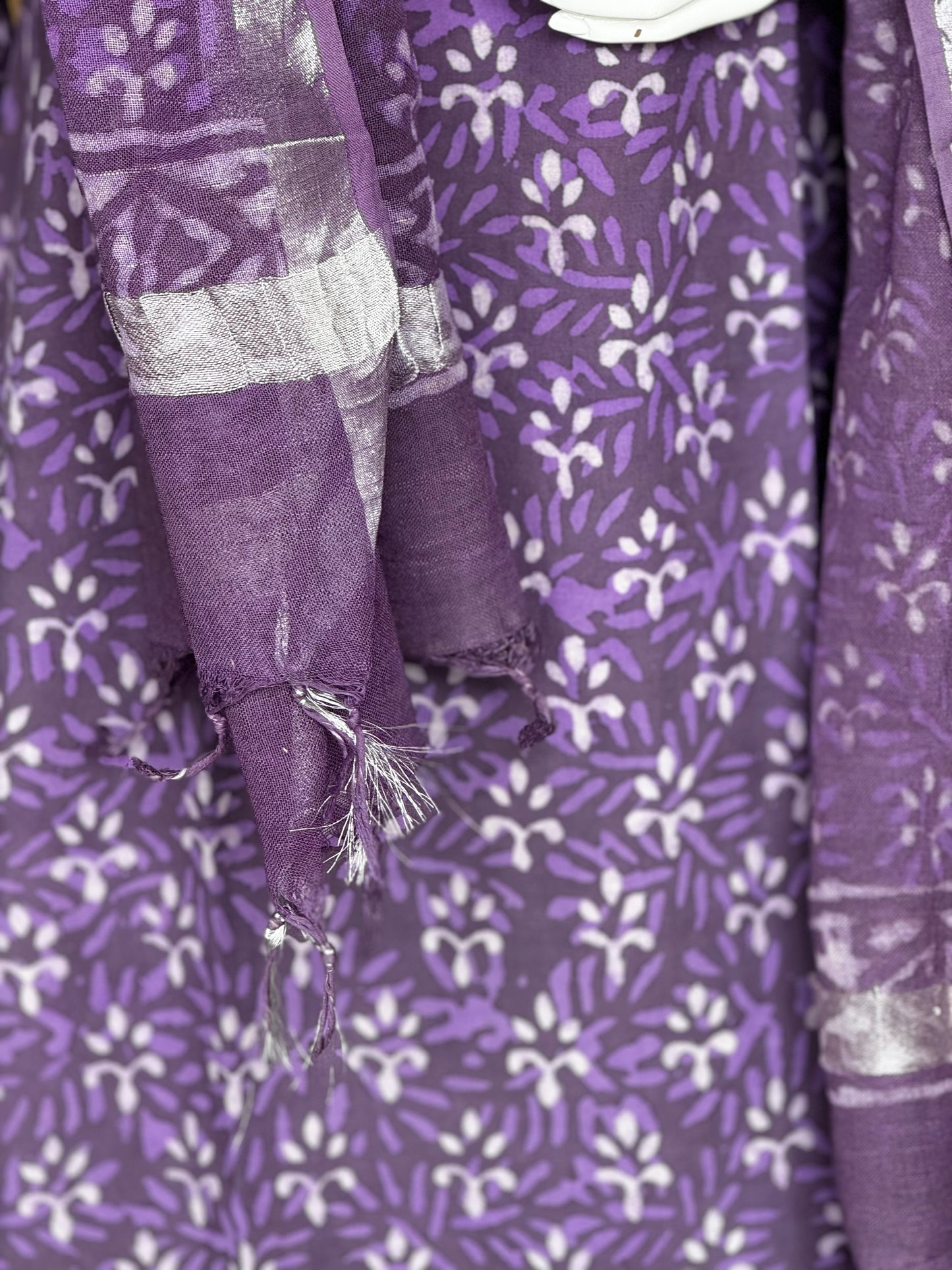 Violet hand block printed cotton straight kurti, pants and dupatta - 3 piece suit set