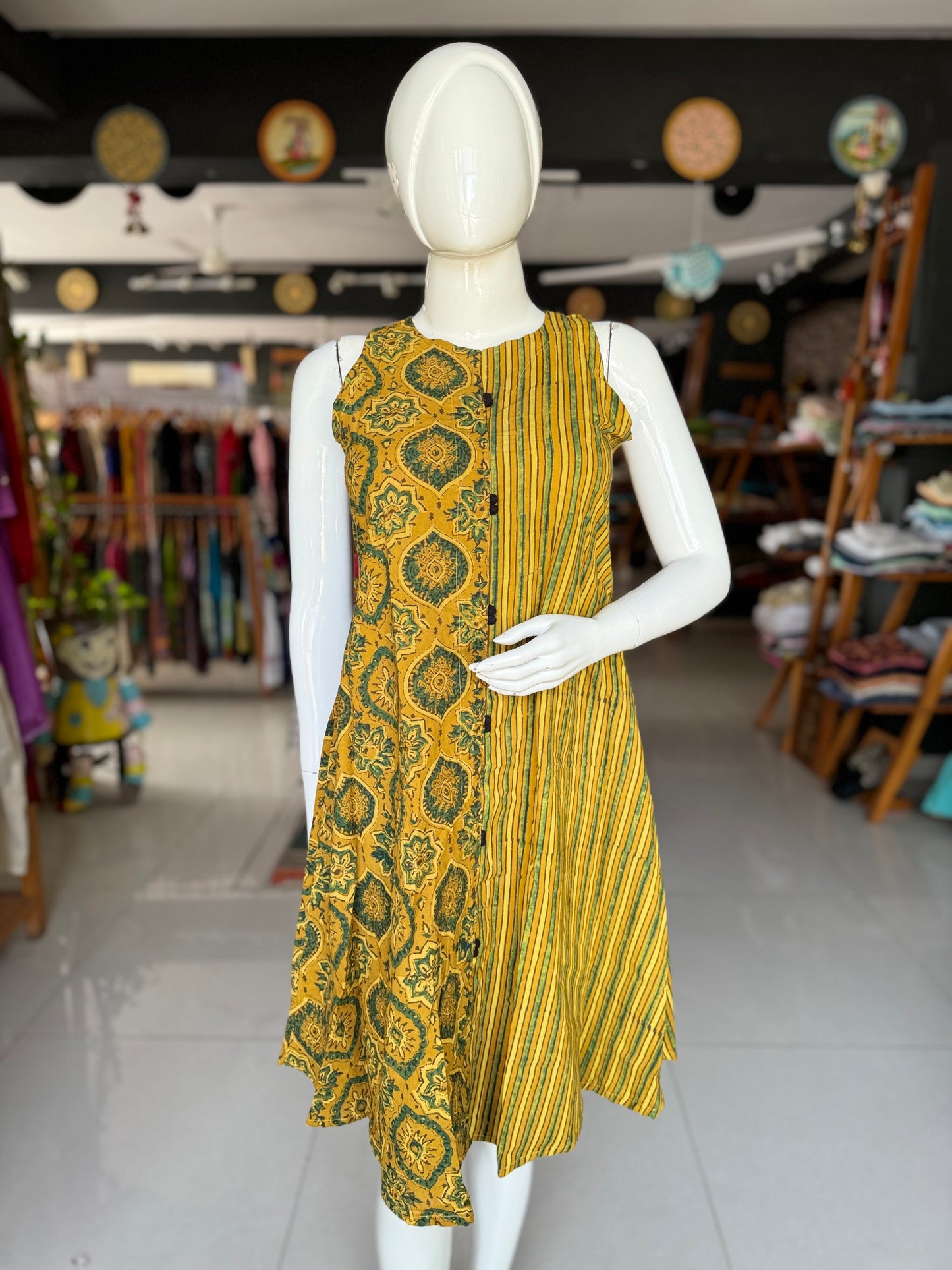 Mustard cotton sleeveless dress with Ajrakh hand block prints