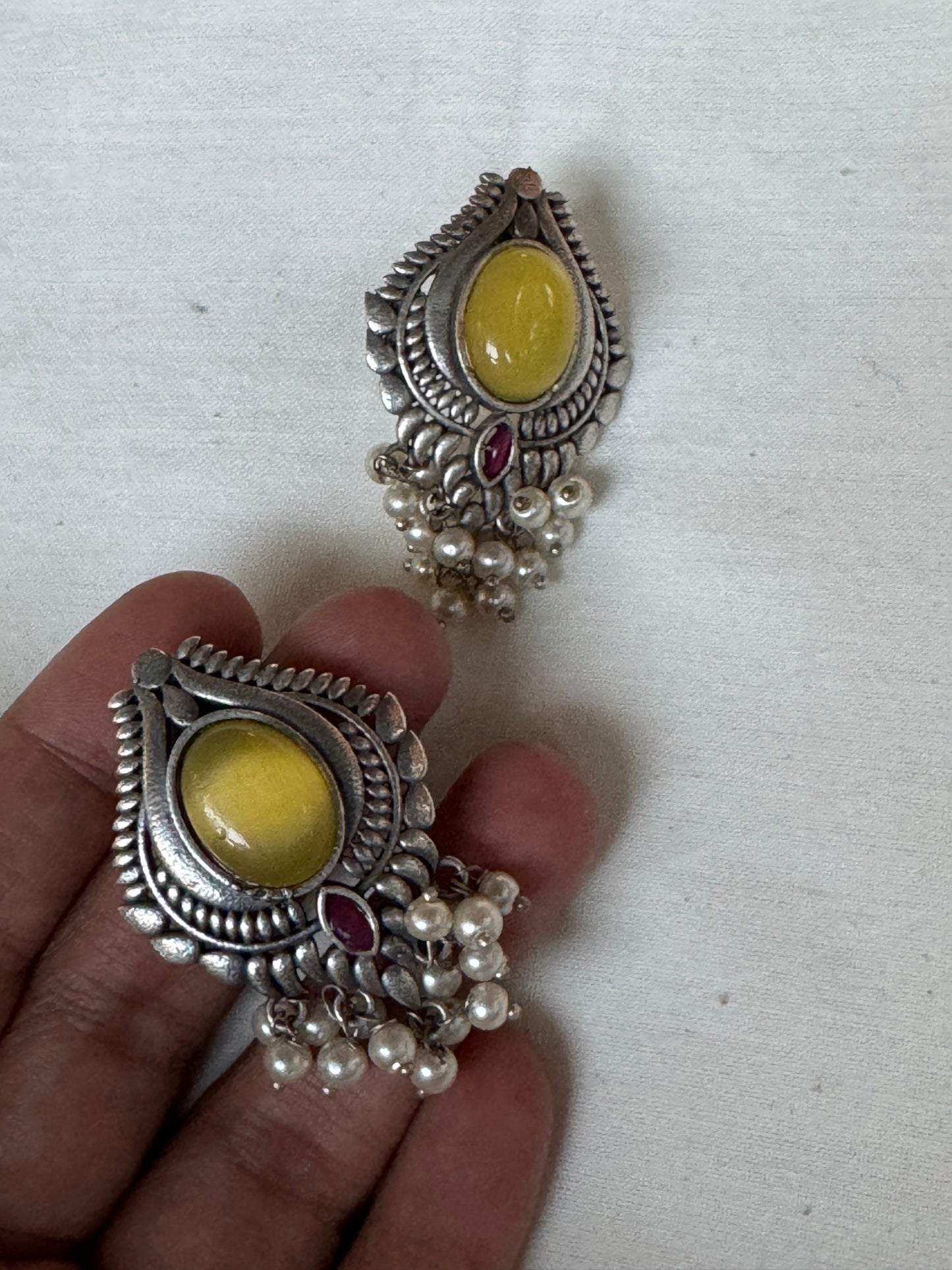 Light green and pink stones brass studs earrings with pearl beads drops