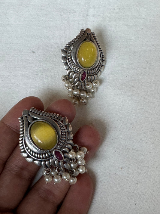 Light green and pink stones brass studs earrings with pearl beads drops