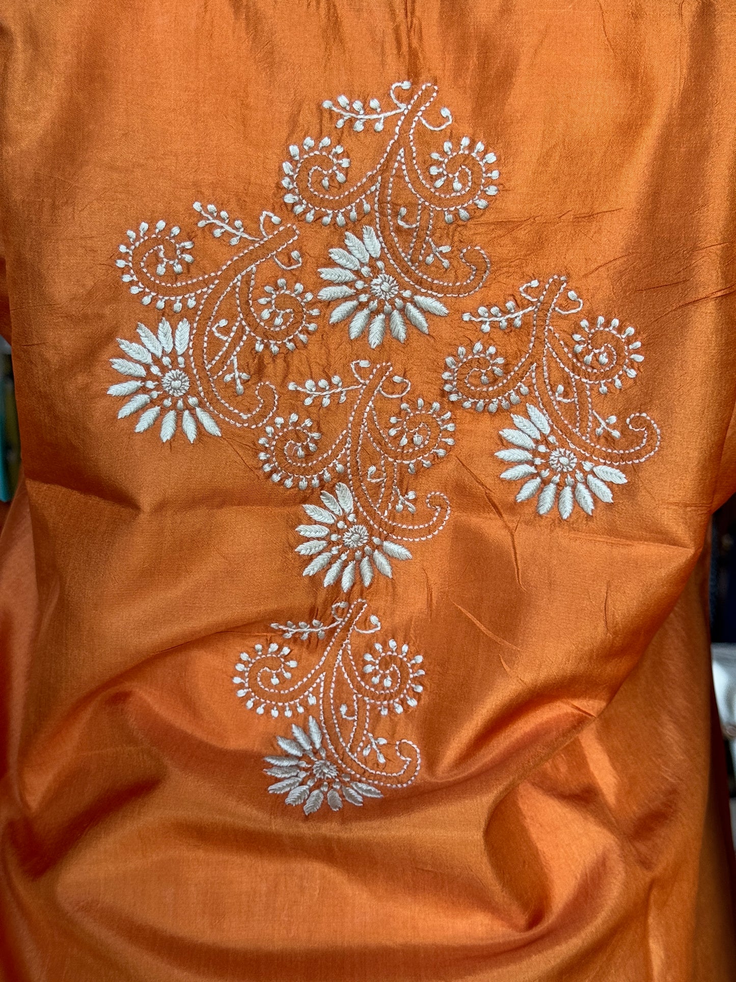 Burnt orange tone fine tussar silk Chikankari hand embroidered shirt for women