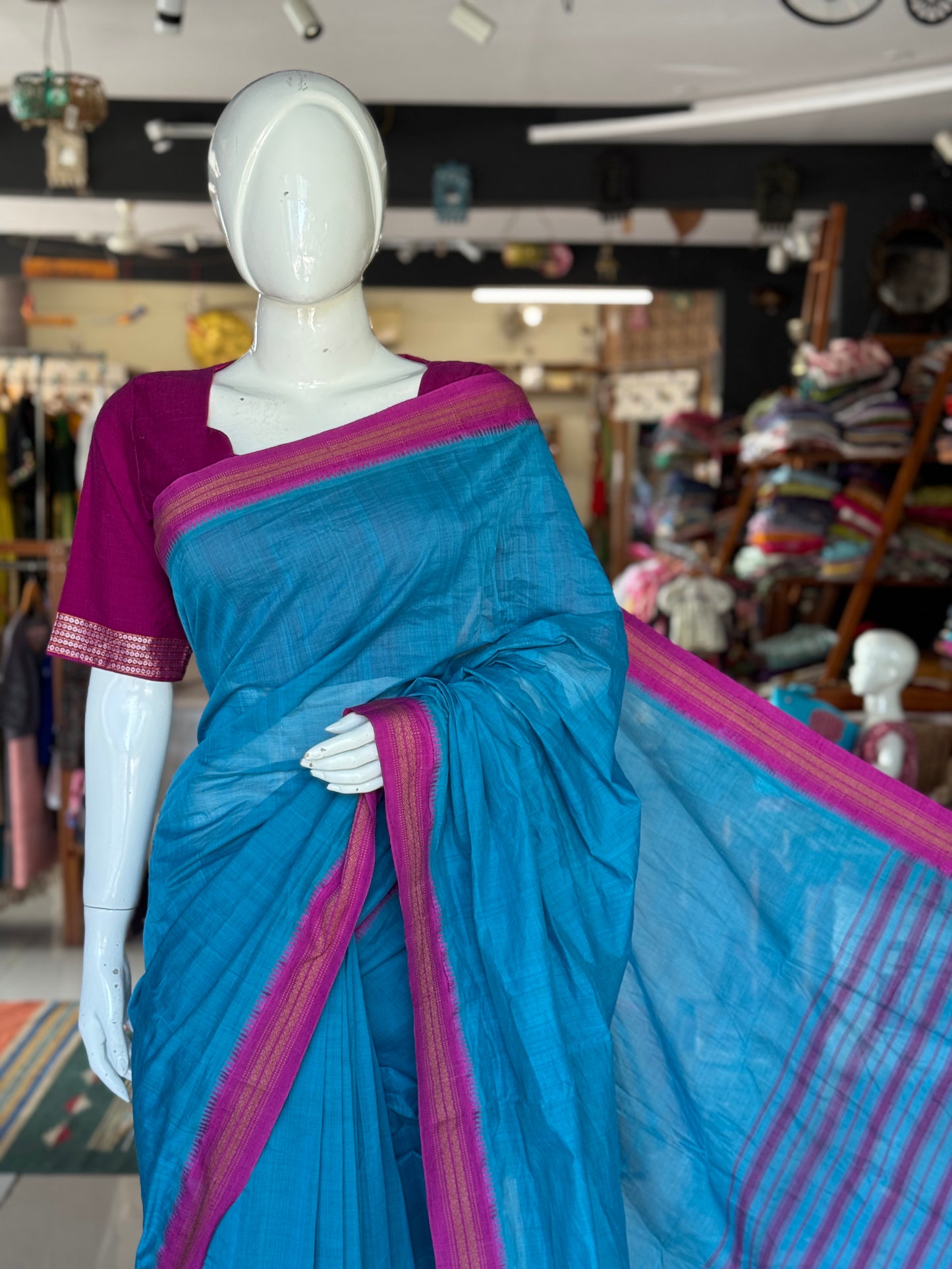 Blue pink handloom cotton saree with Kuppadam thread border