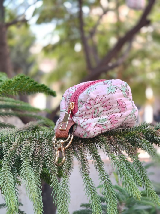 Coin pouch in soft quilted hand block printed cotton with zipper closure and hanging loop - multiple designs available