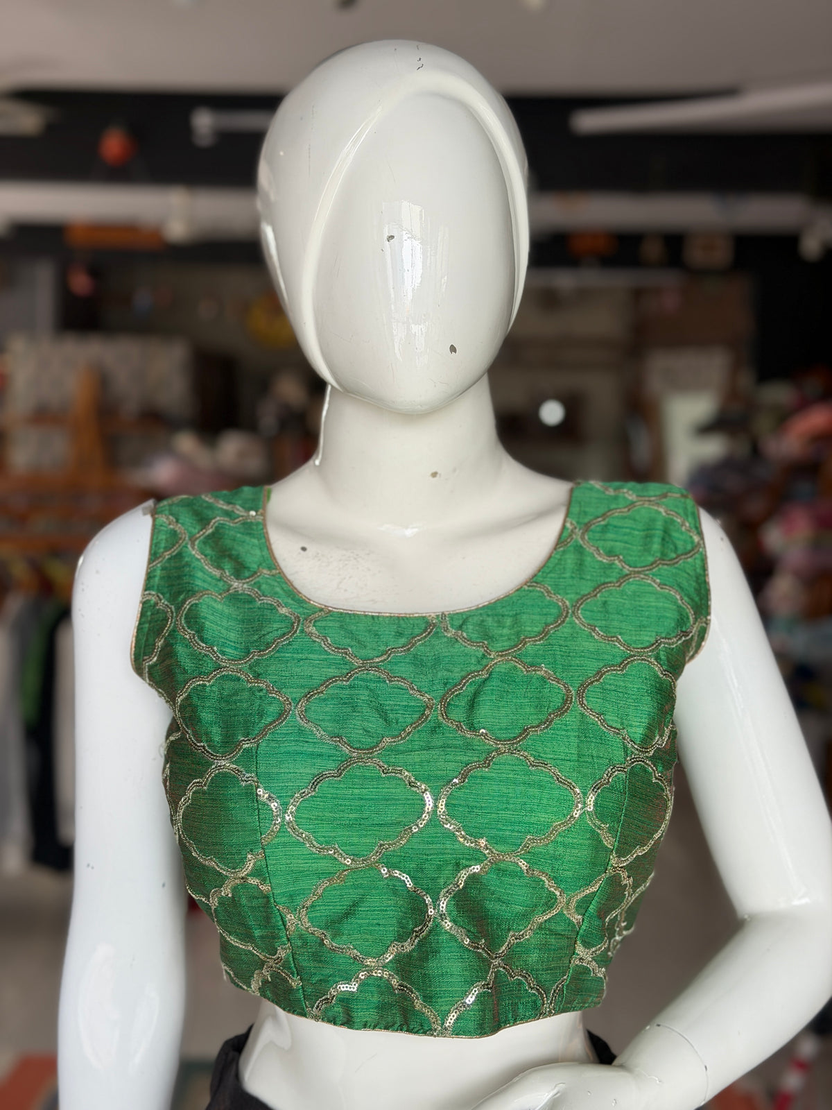 Green sleeveless raw silk blouse with sequin embroidery- back open