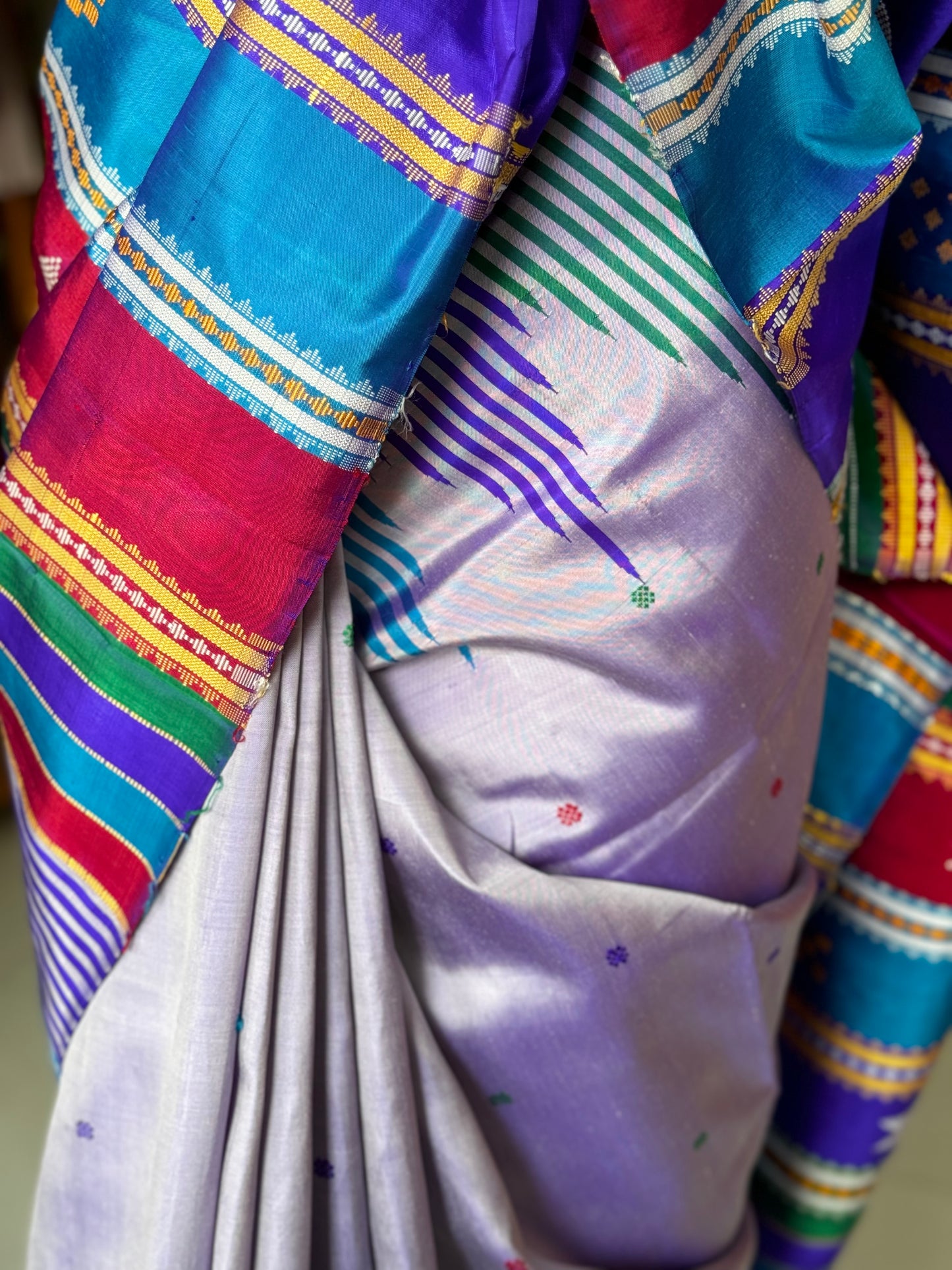 Lavender Brahmapuri silk handwoven saree with unique stripes temple border and colourful double palla