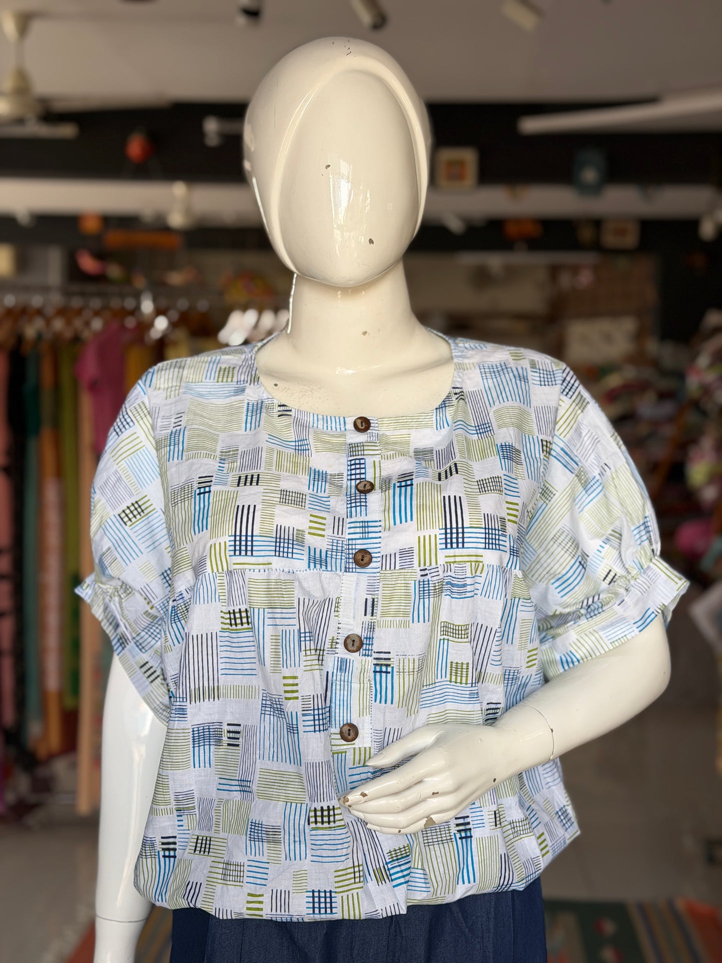 White hand block printed cotton top with blue green lines - pleated yoke and elastic hem