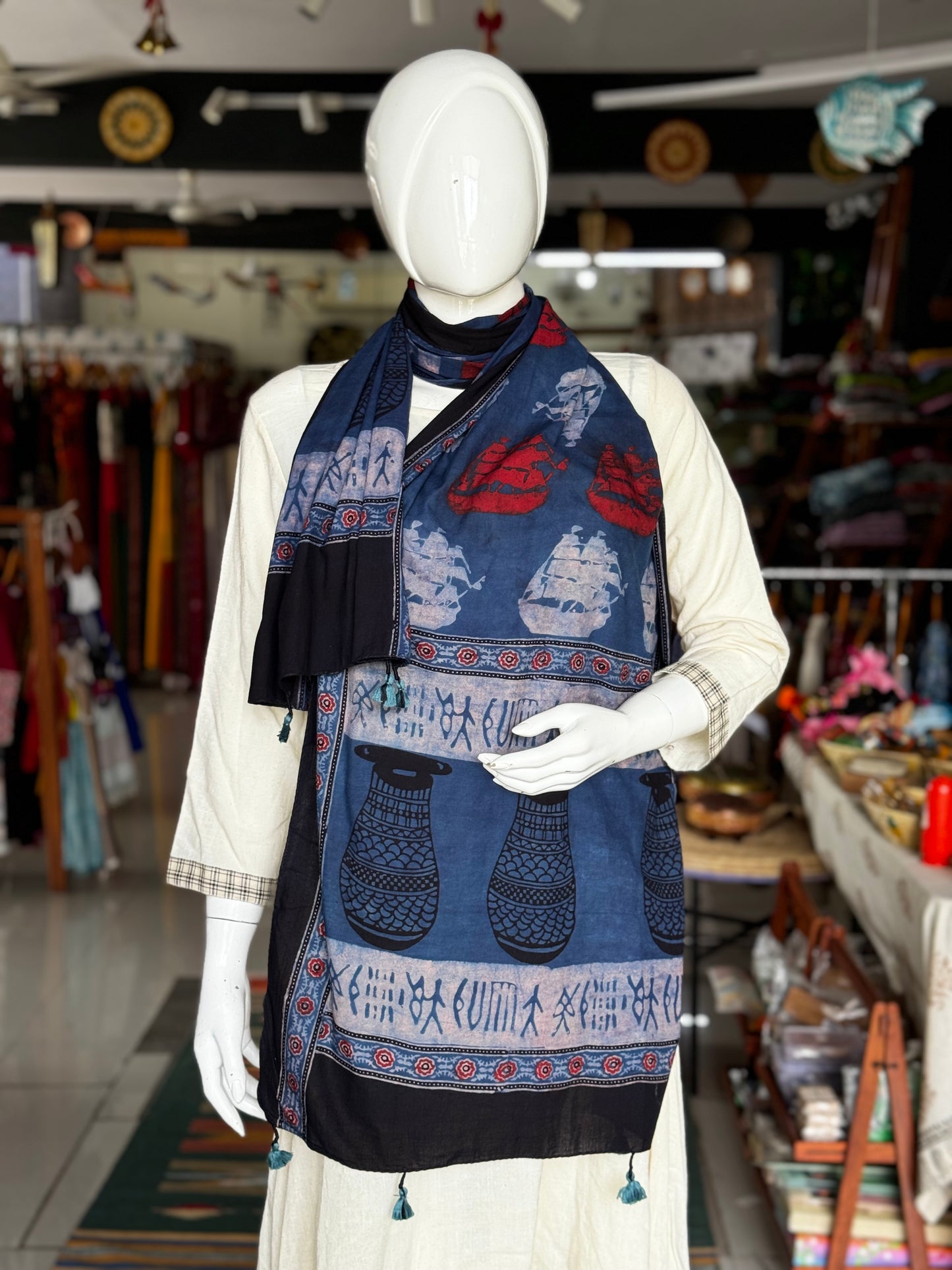 Museum on your shoulders - indigo cotton stole with hand block Ajrakh prints - Harappan ships and pots design