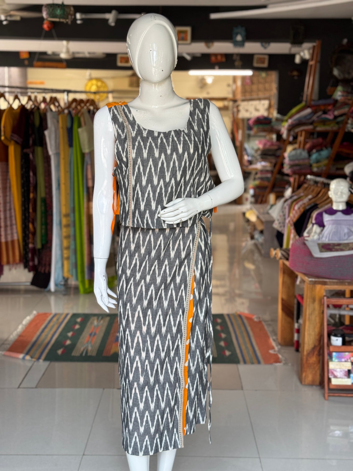 4 way handcrafted cotton coord set - free sized side ties crop top and calf length wrap around skirt