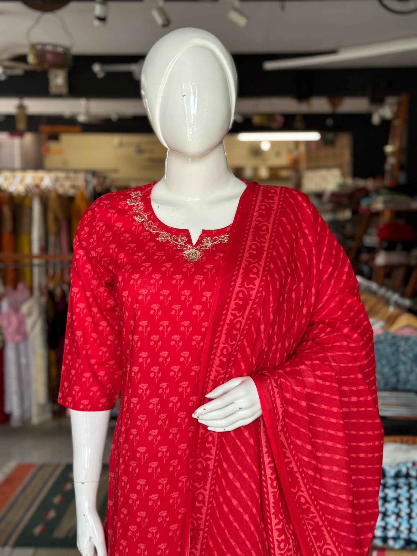 Red small print cotton embroidered straight kurti, pants and dupatta - 3 piece suit set