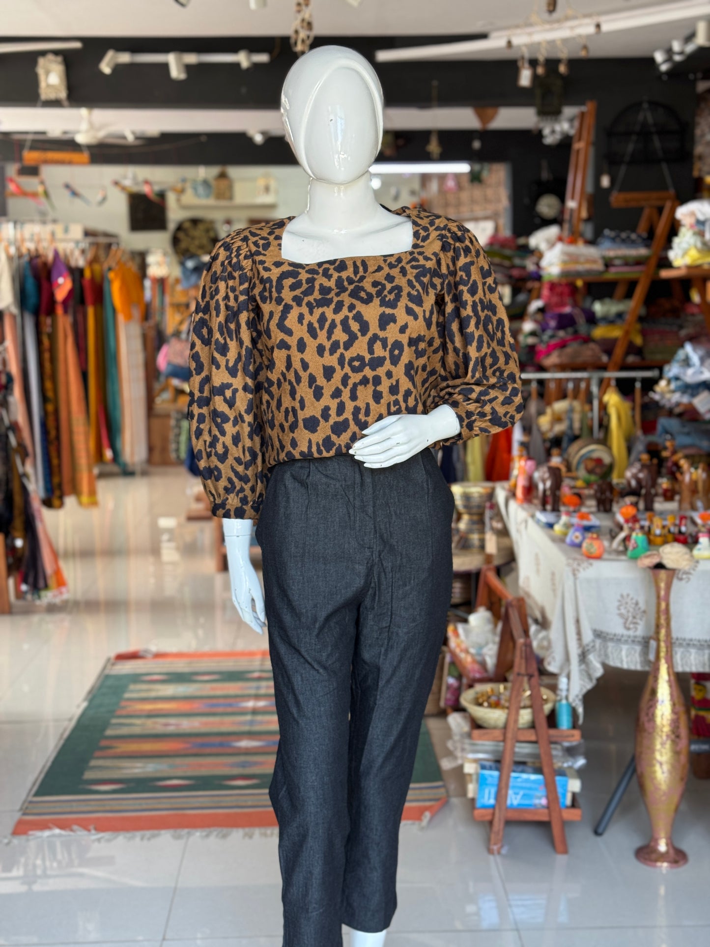 Brown and black corduroy top with leopard animal  print