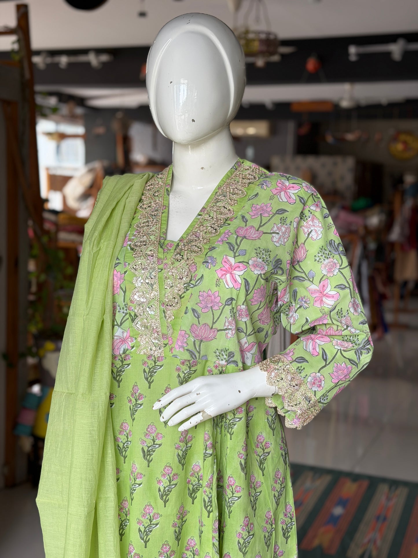 Green floral hand block print with lace detailing flared kurti, pants and dupatta - 3 piece set