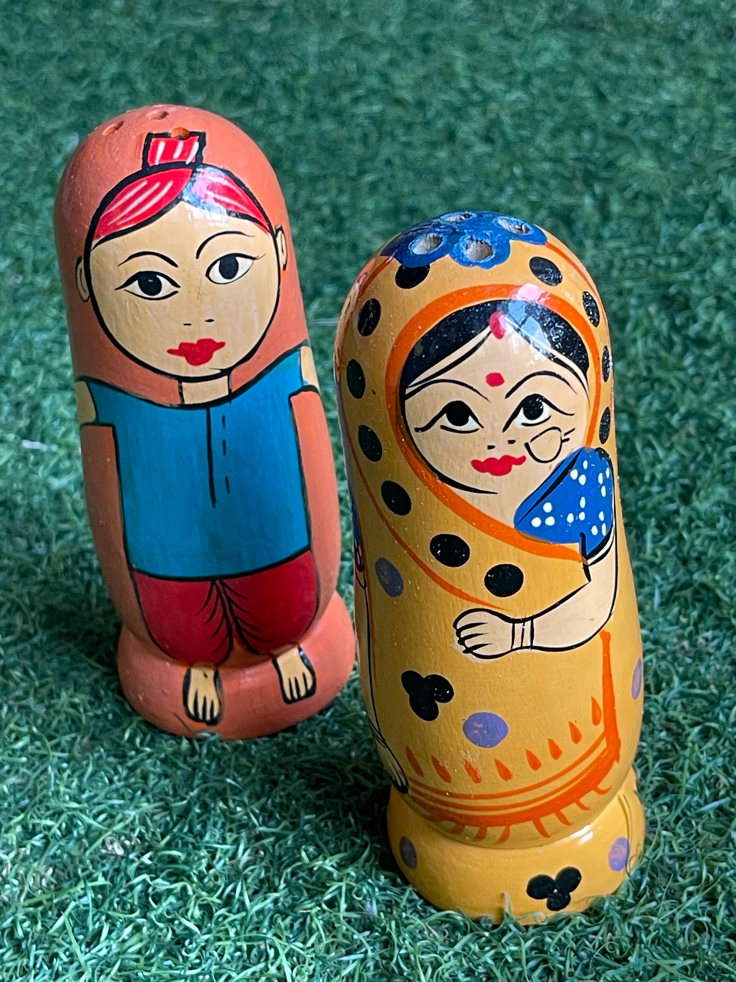 Colourful salt and pepper shaker - handmade wooden hand painted set