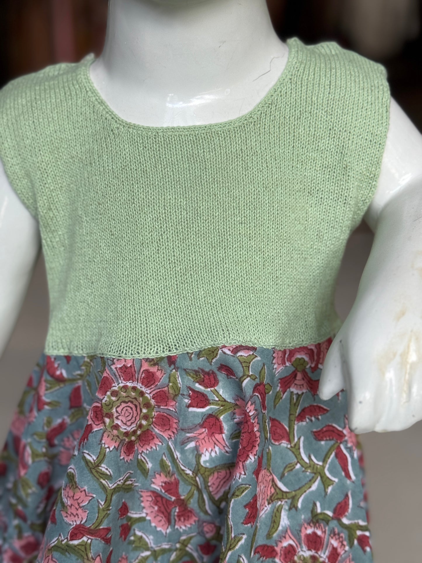 Crochet hand work yoke with hand block printed kerchief cut soft cotton frock
