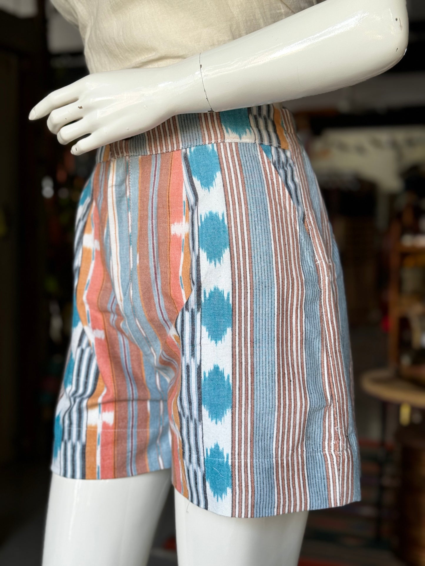 White n blue thick handwoven ikat Cotton shorts