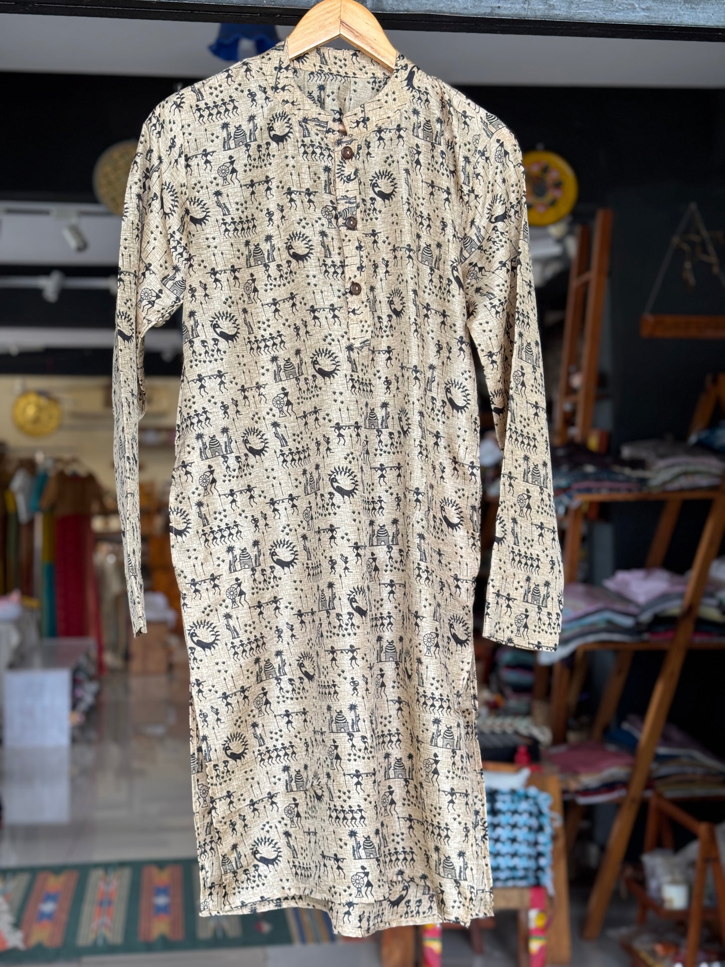 Beige and black Warli print art silk long kurta for teen boys