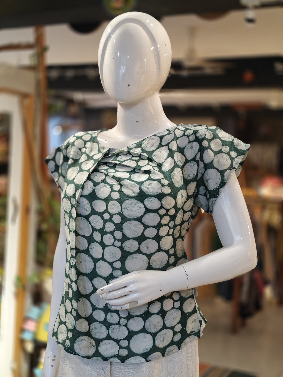 Green polka hand batik printed top