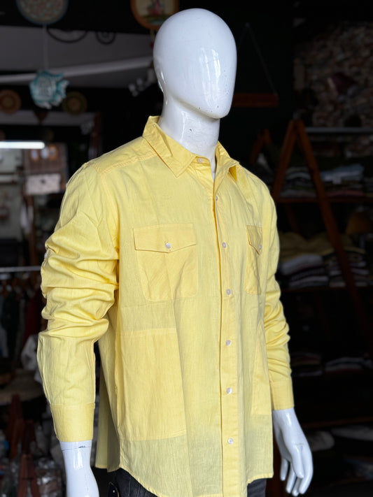 Yellow 4 pockets linen cotton designer shirt for men