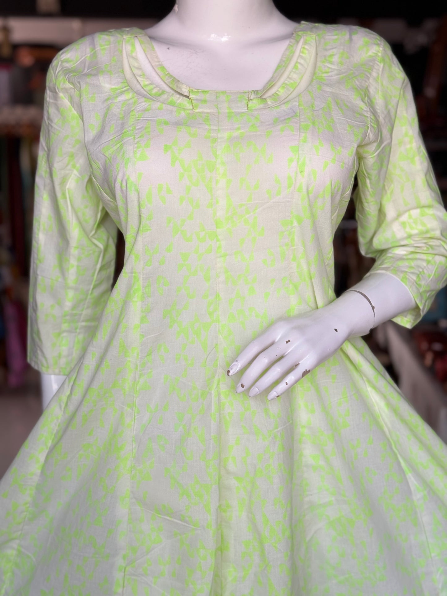 Green geometric hand block printed cotton dress with neck detailing