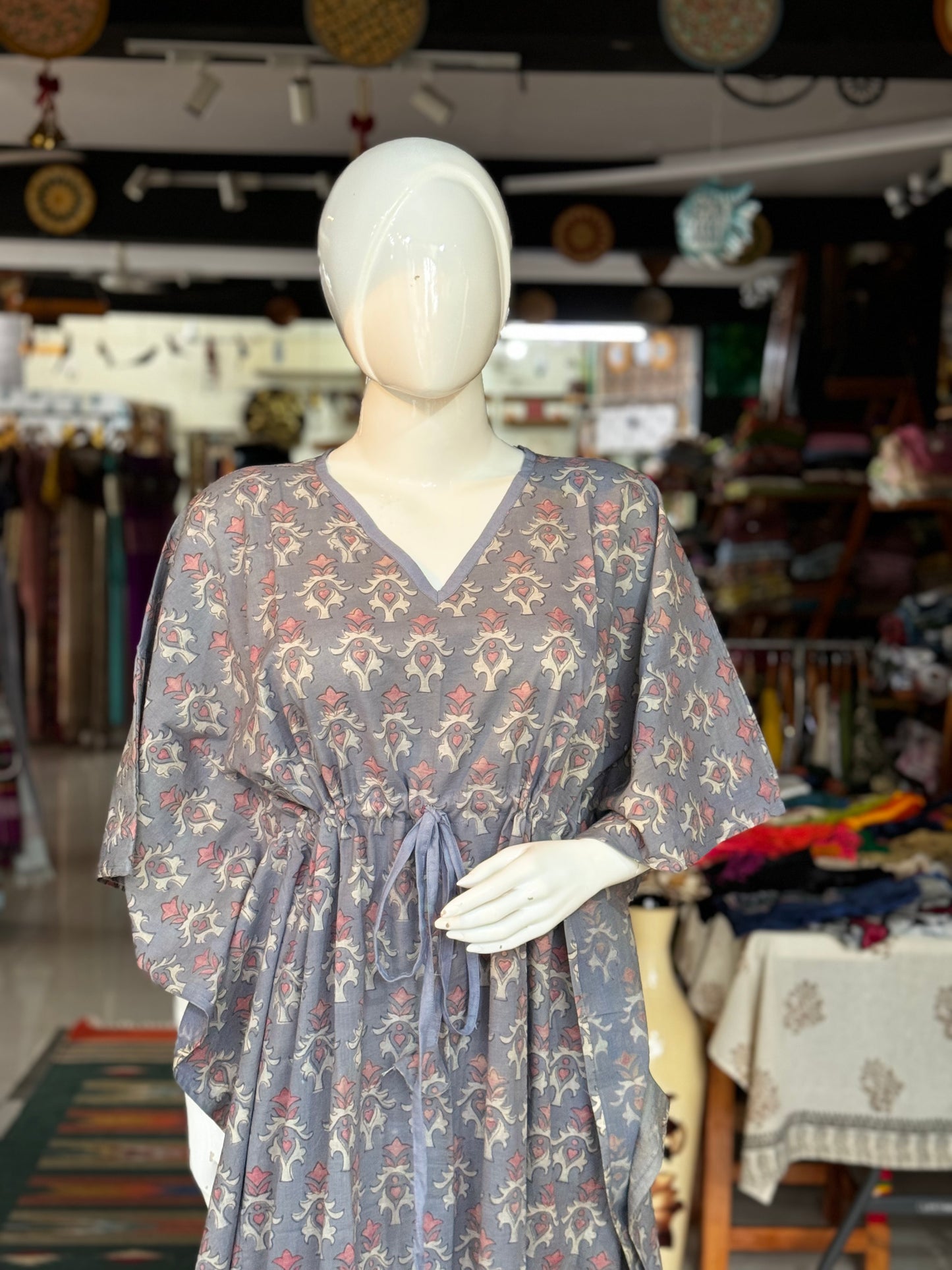 Hand block printed cotton long kaftan nighty