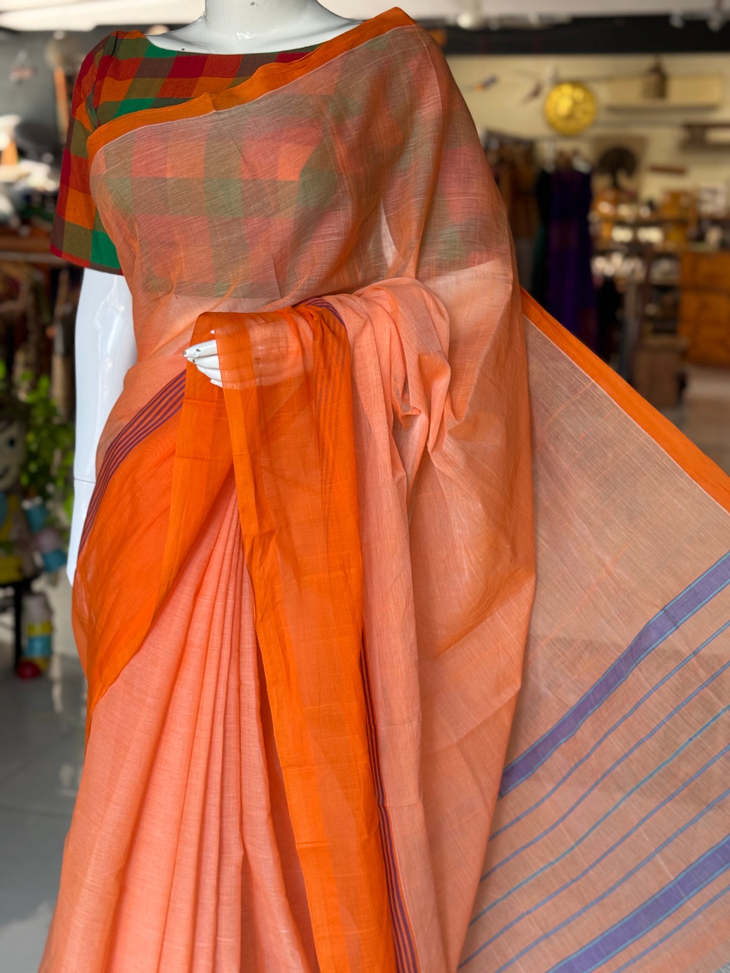 Orange plain cotton saree with stripes wide border light weight soft handloom Bobbili cotton saree