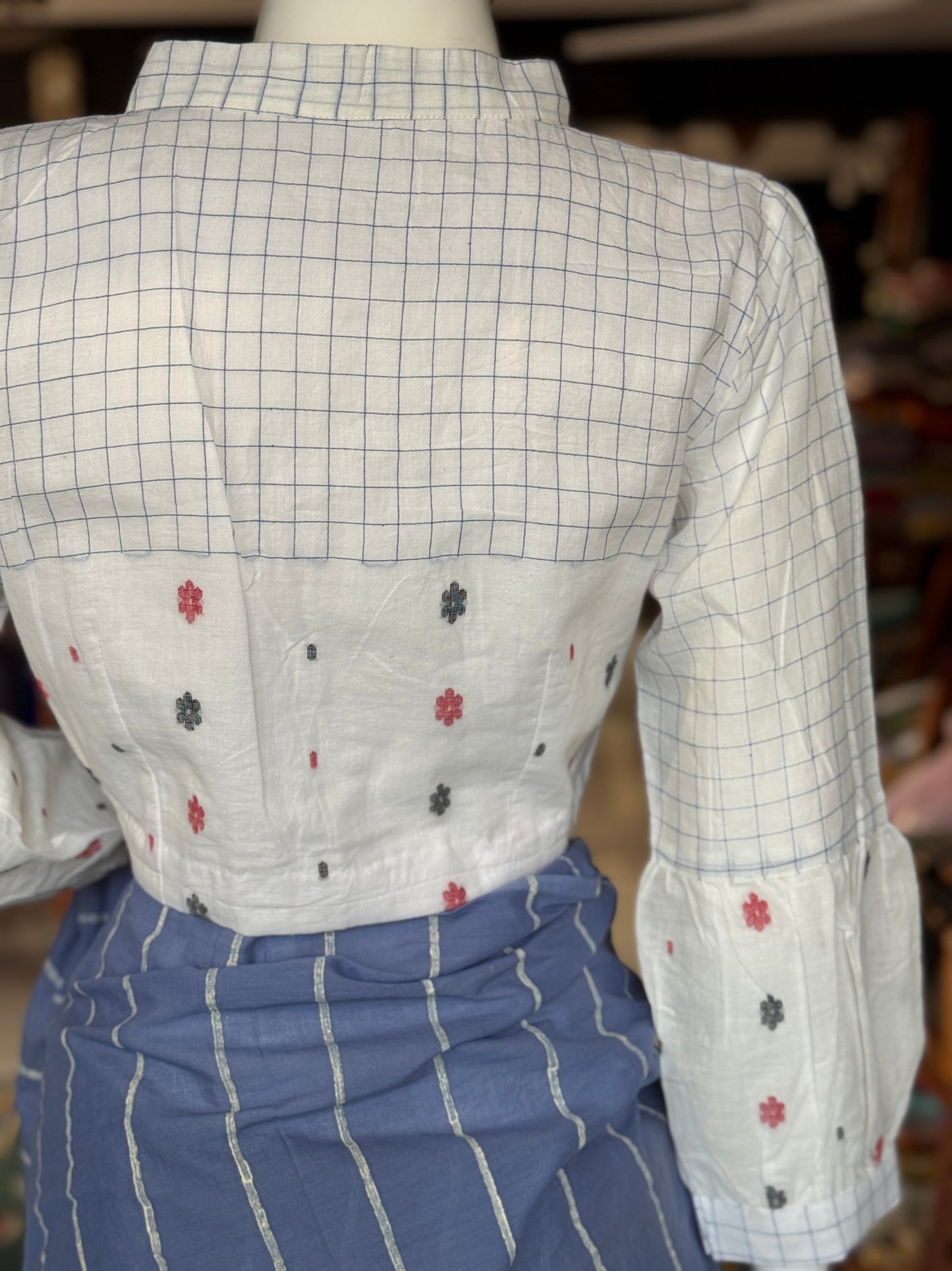 White n blue checks hand woven cotton Jamdani blouse with long balloon sleeves and bow neck