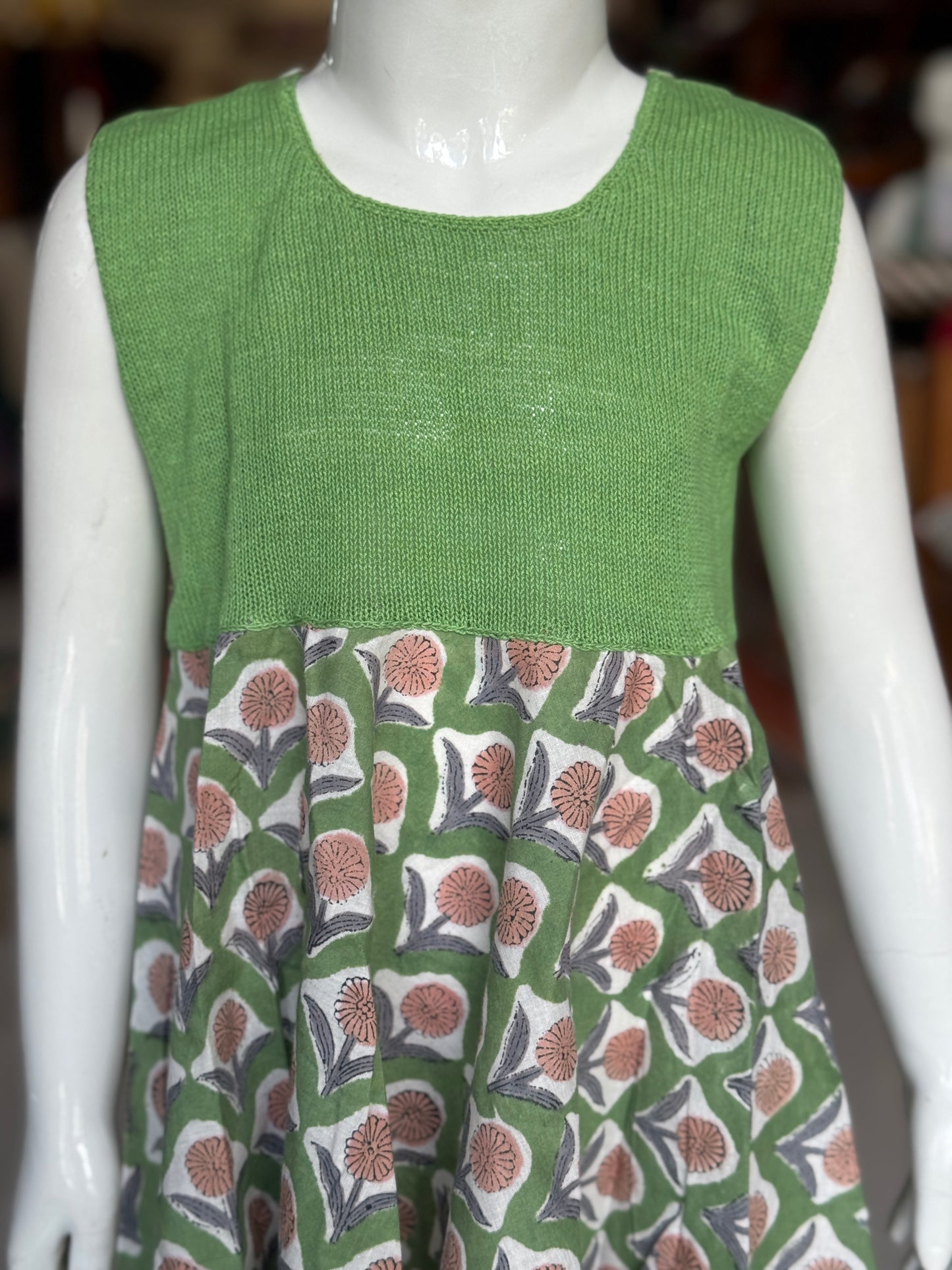 Crochet hand work yoke with hand block printed kerchief cut soft cotton frock