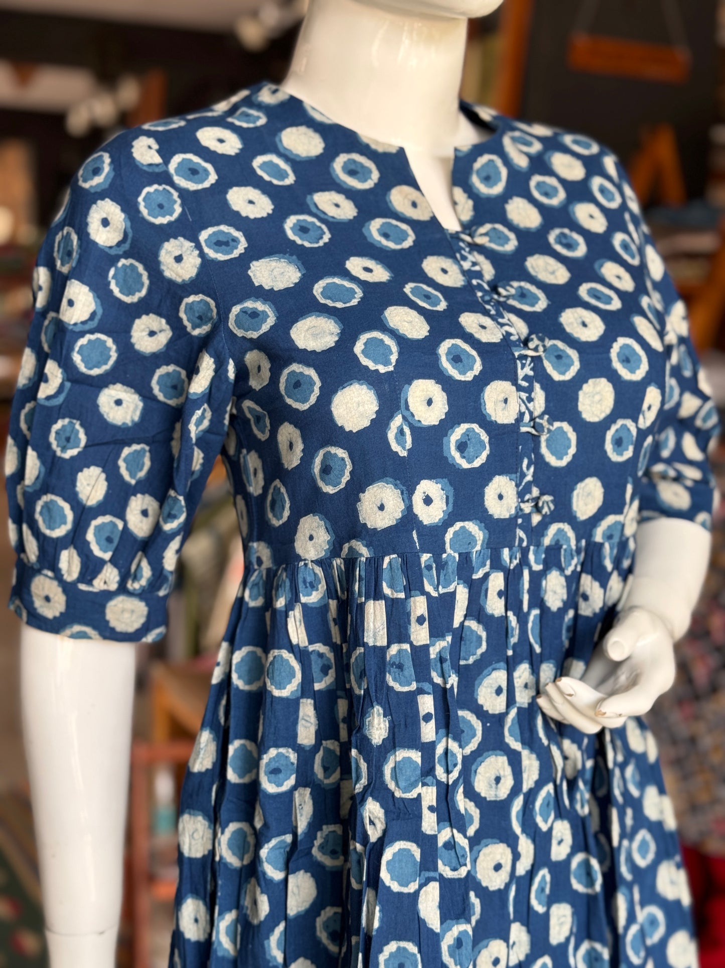 Indigo polka dots hand block printed short cotton dress