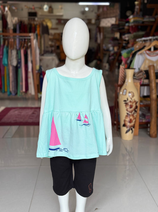 Blue knit cotton sleeveless top for girls with boat print