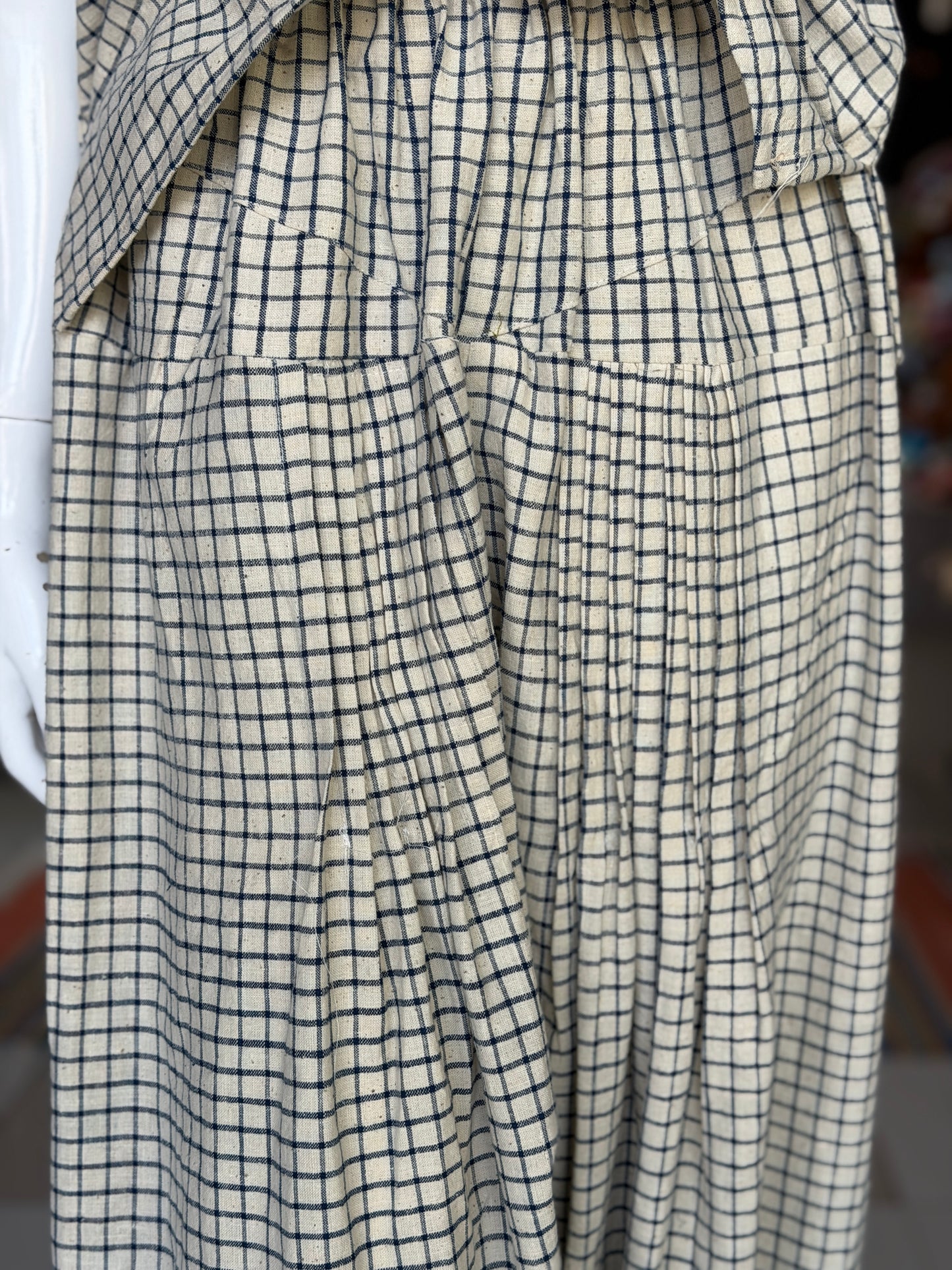 Off white and blue checks, hand spun, hand woven, natural dyed cotton harem pants for women with elastic hem