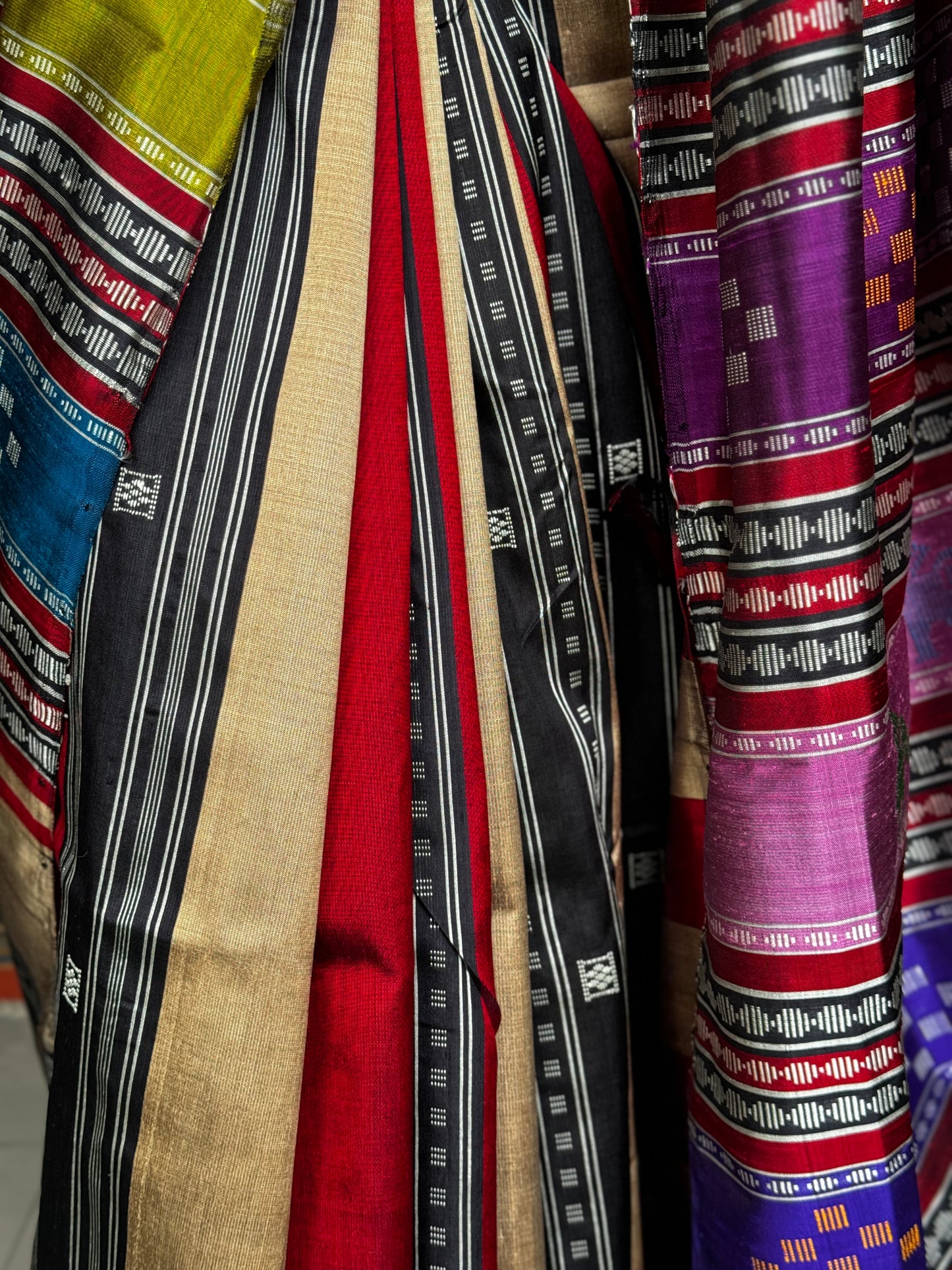 Maroon, gold and black stripes Brahmapuri silk handwoven saree with temple border and colourful double palla