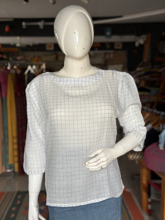 White and blue checks soft cotton handloom top with squarish arm hole