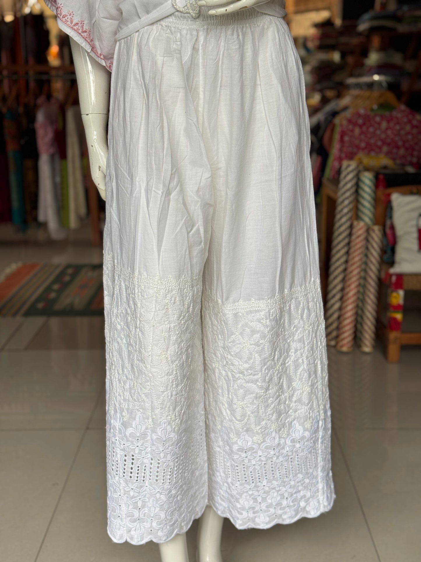 Chikankari plazo pants in white cotton, scallop border - free size pants with hand embroidery