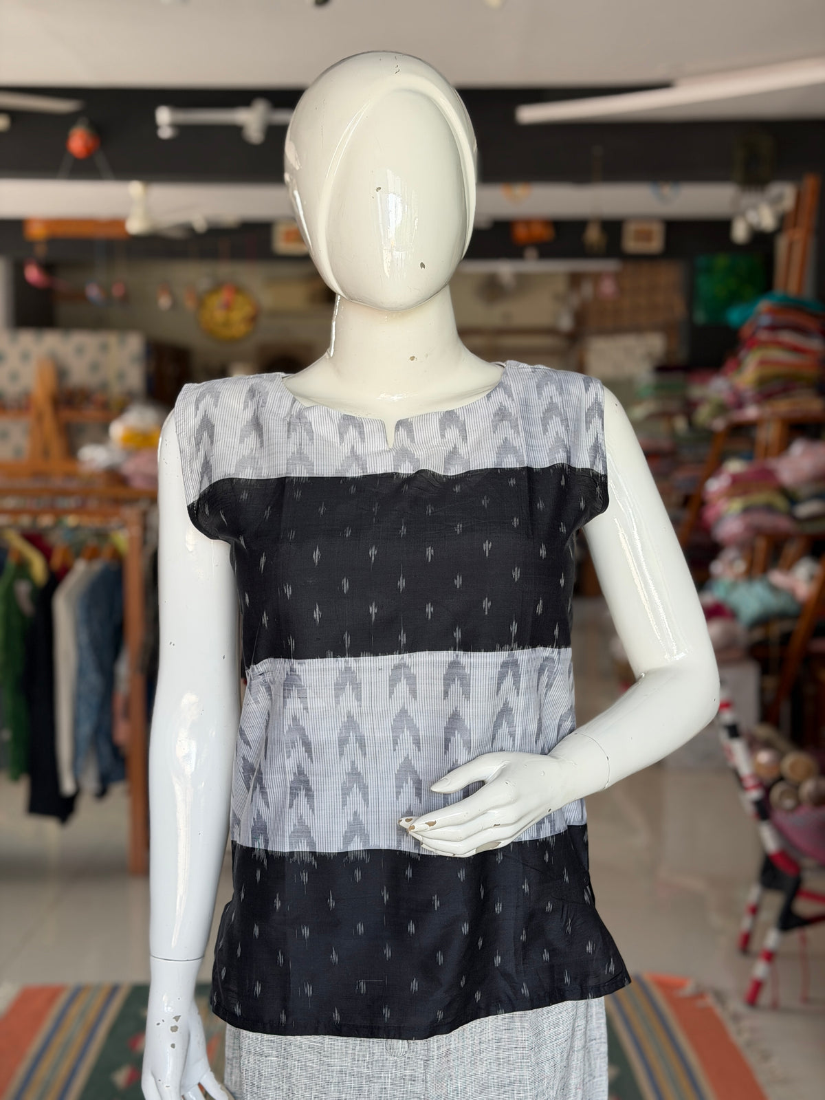Black and White Ikat handloom silk cotton sleeveless top