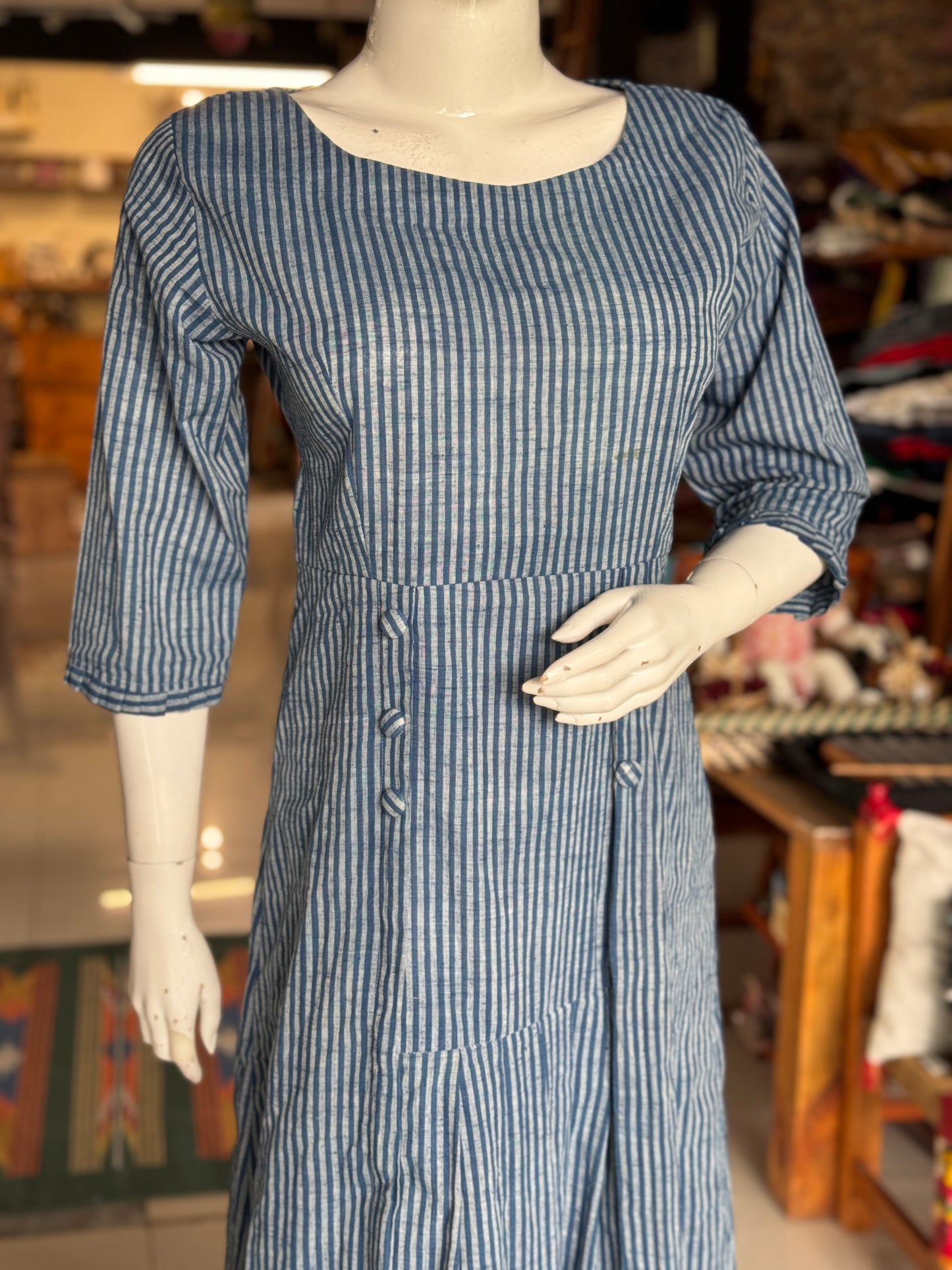 Indigo blue natural dyed, handwoven cotton dress with buttons and pleats detailing