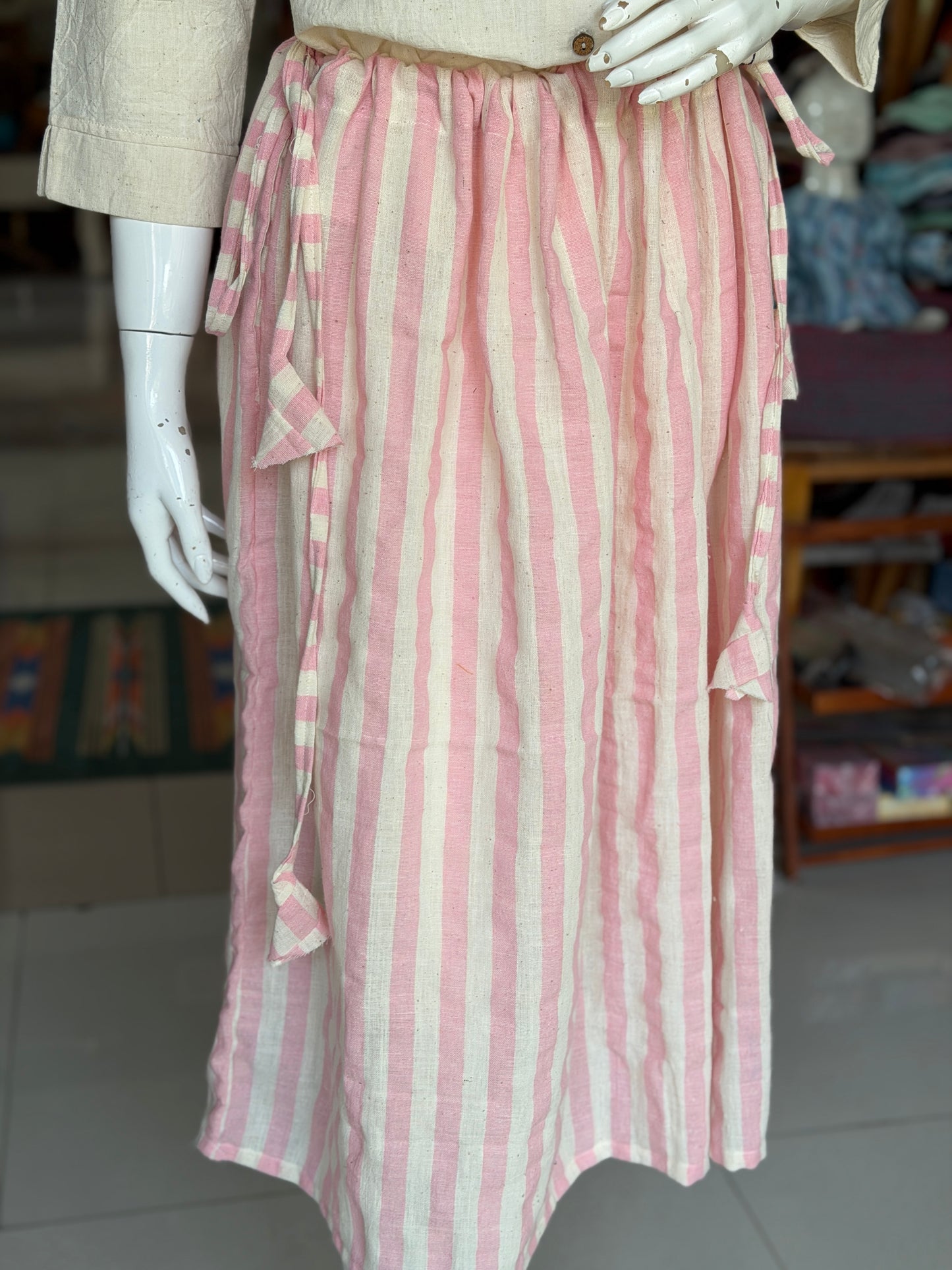 Light pink and off white stripes hand woven kala cotton viral jalu skirt with pockets - free size with both sides draw string