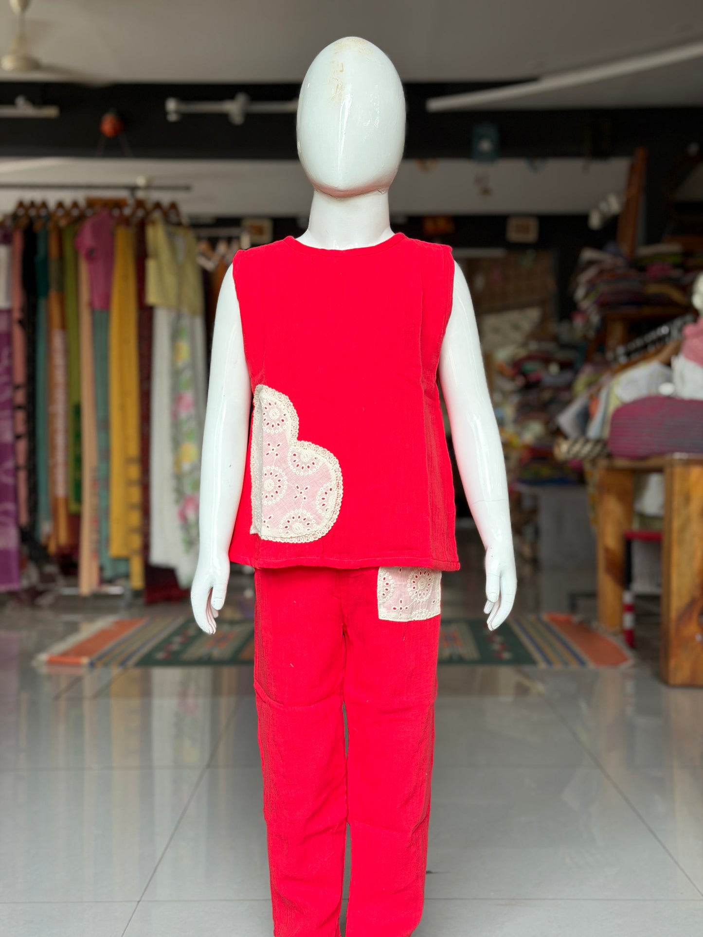Red crop top pant coord set for girls with hakoba applique - double cotton