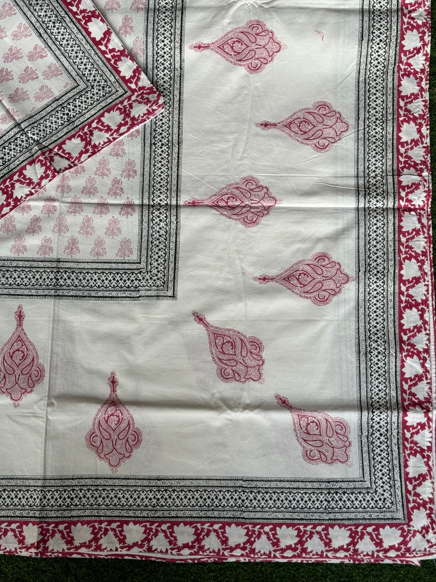 Pink floral print (brass hand block prints) on white base pure cotton super king size bedsheet