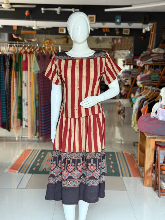 Maroon n beige stripes cotton coord set of skirt n top - Ajrakh hand block prints