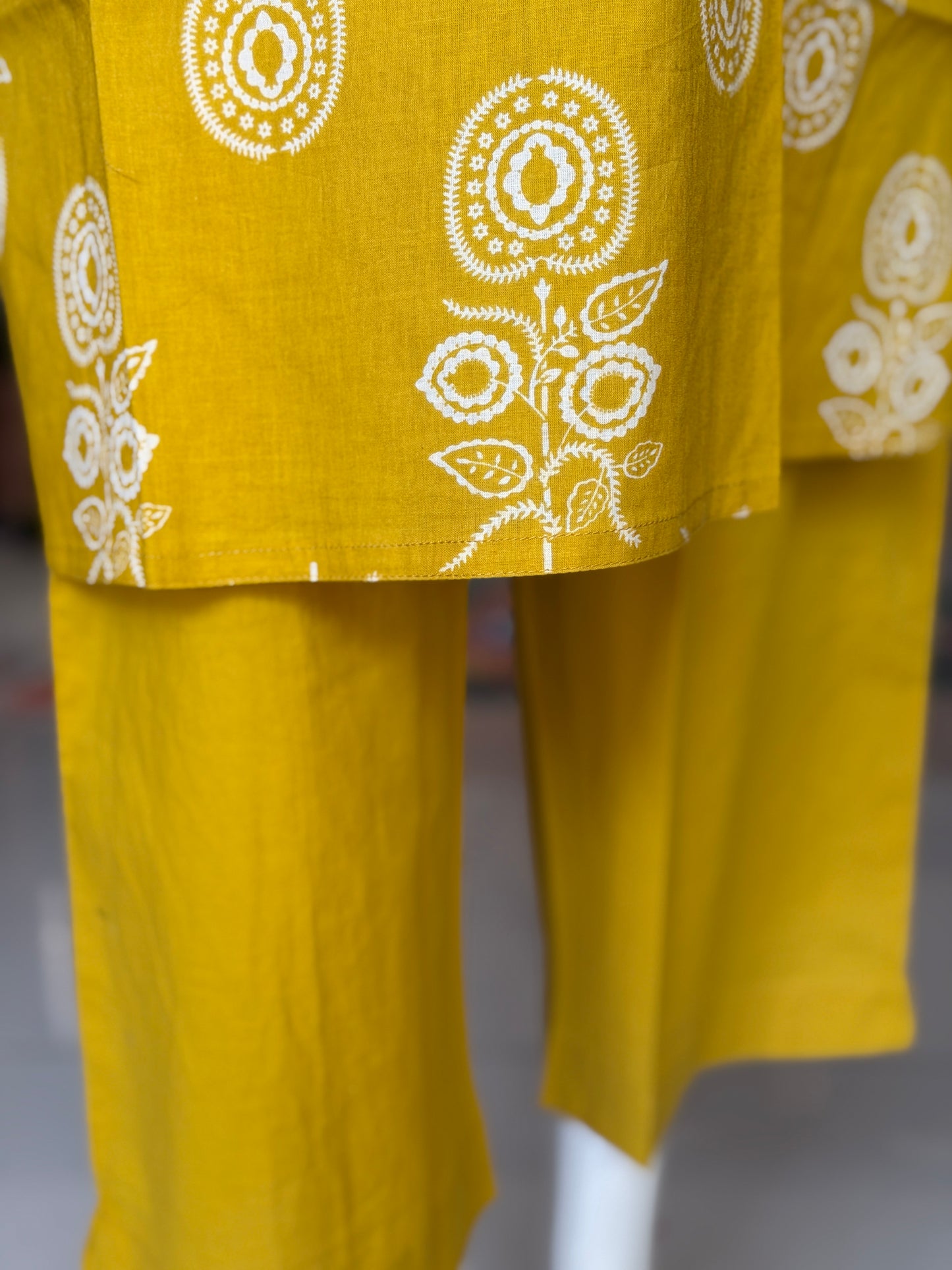 Mustard yellow plus size cotton embroidered straight kurti, pants and dupatta - 3 piece suit set - multiple sizes available