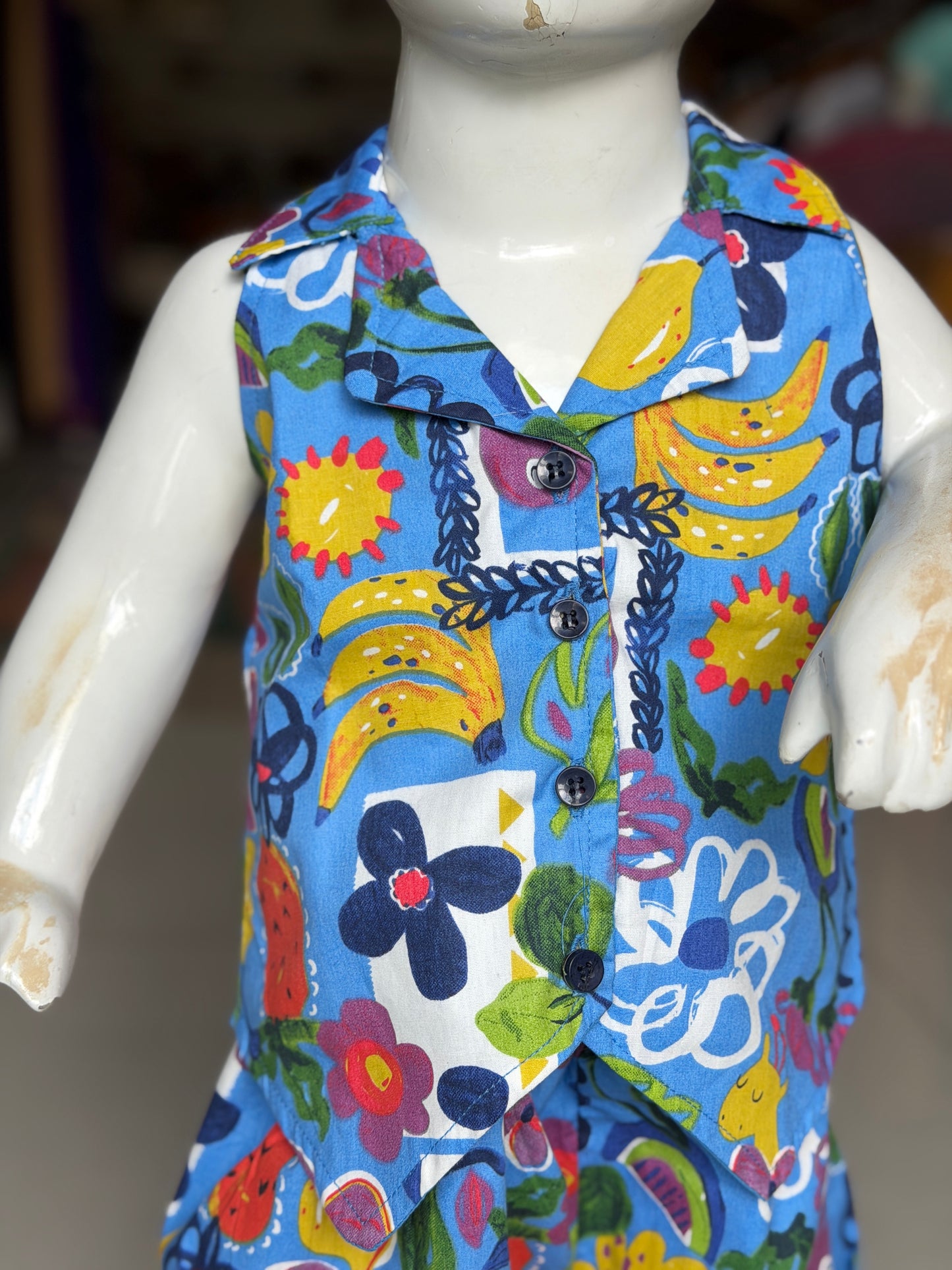 Blue flora and fauna print collared sleeveless crop top and shorts coord set