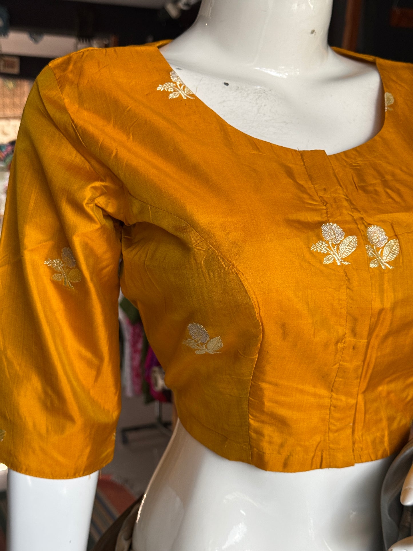 Mustard yellow hand woven pure silk blouse with flower butis - front open, with lining