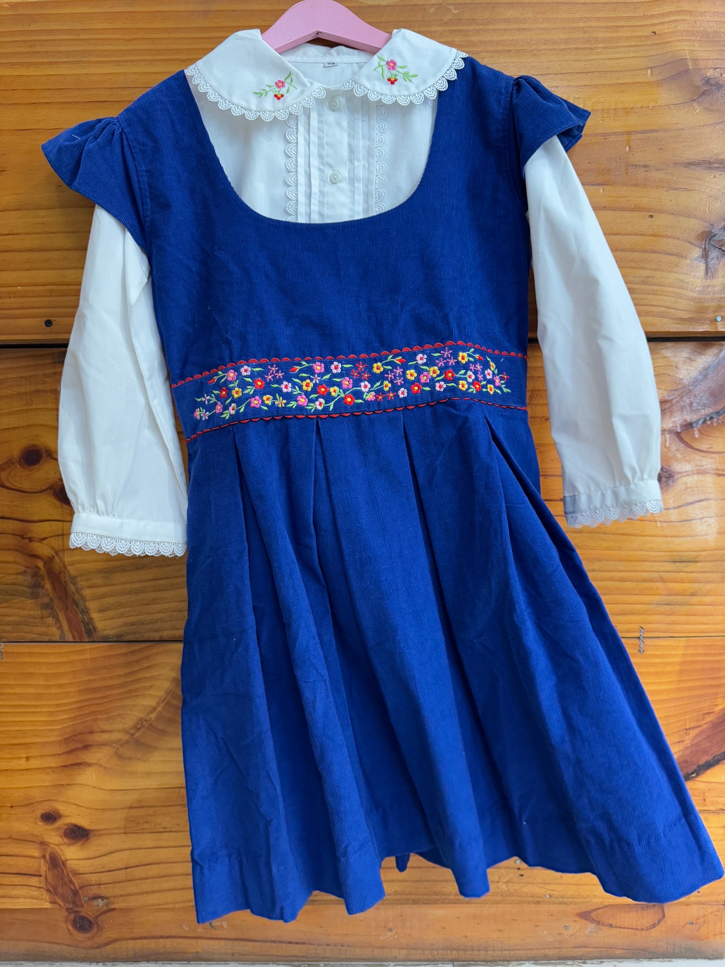 White embroidered long sleeves cotton shirt with royal blue corduroy outer frock with flowers hand embroidery, pintucks and lace trims - 2 piece set