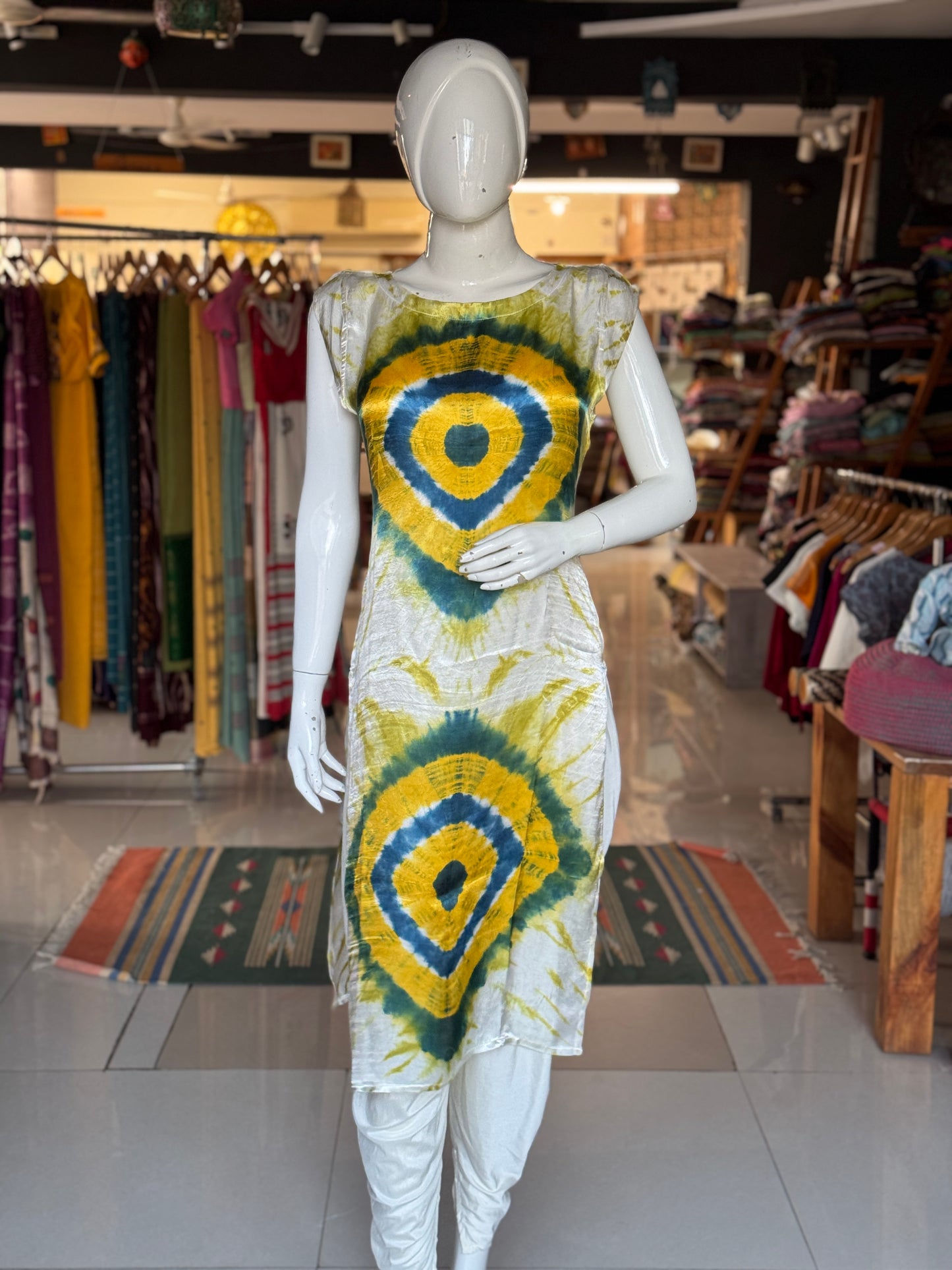 White, green, yellow, blue diamonds design soft modal tie n dye kurti