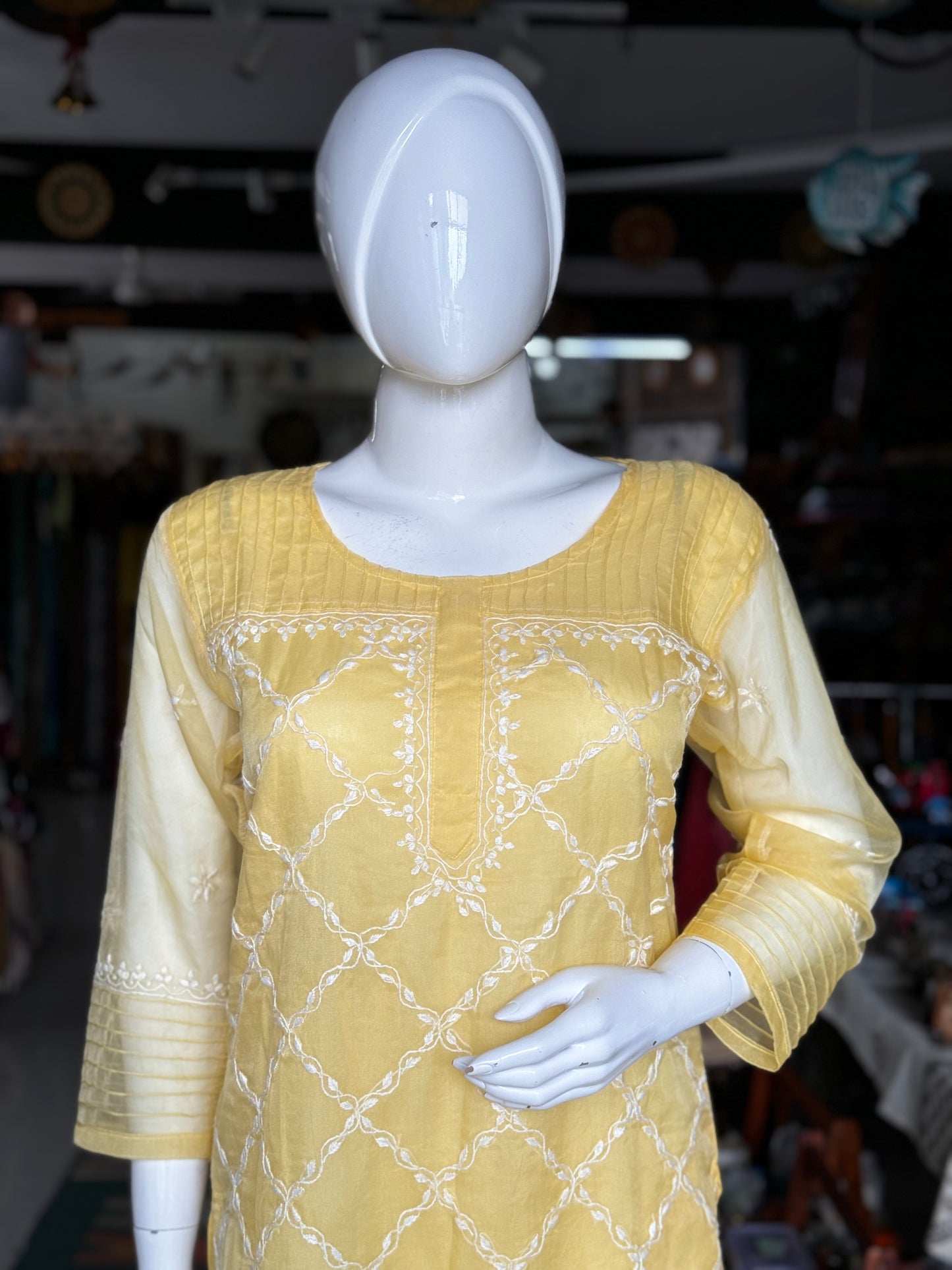 Yellow chikankari hand embroidered organza kurta